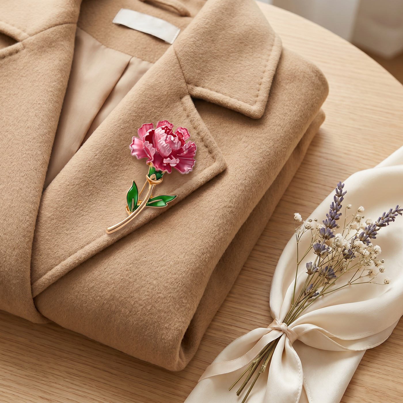 Broche Fleur en émail, bijou vintage Alyvoa portée sur un revers · Pivoine rose