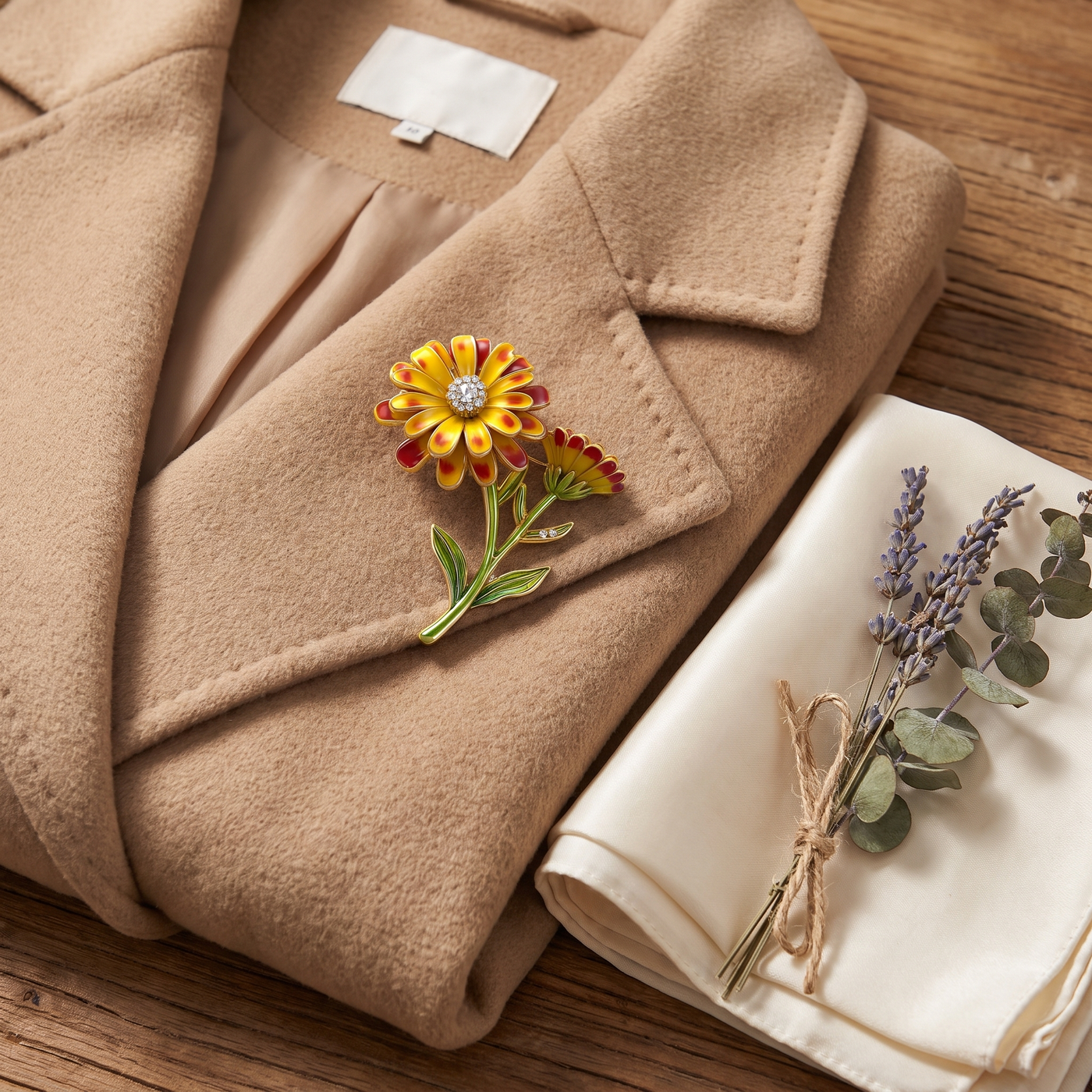Broche Fleur en émail, bijou vintage Alyvoa portée sur un revers · Marguerite jaune