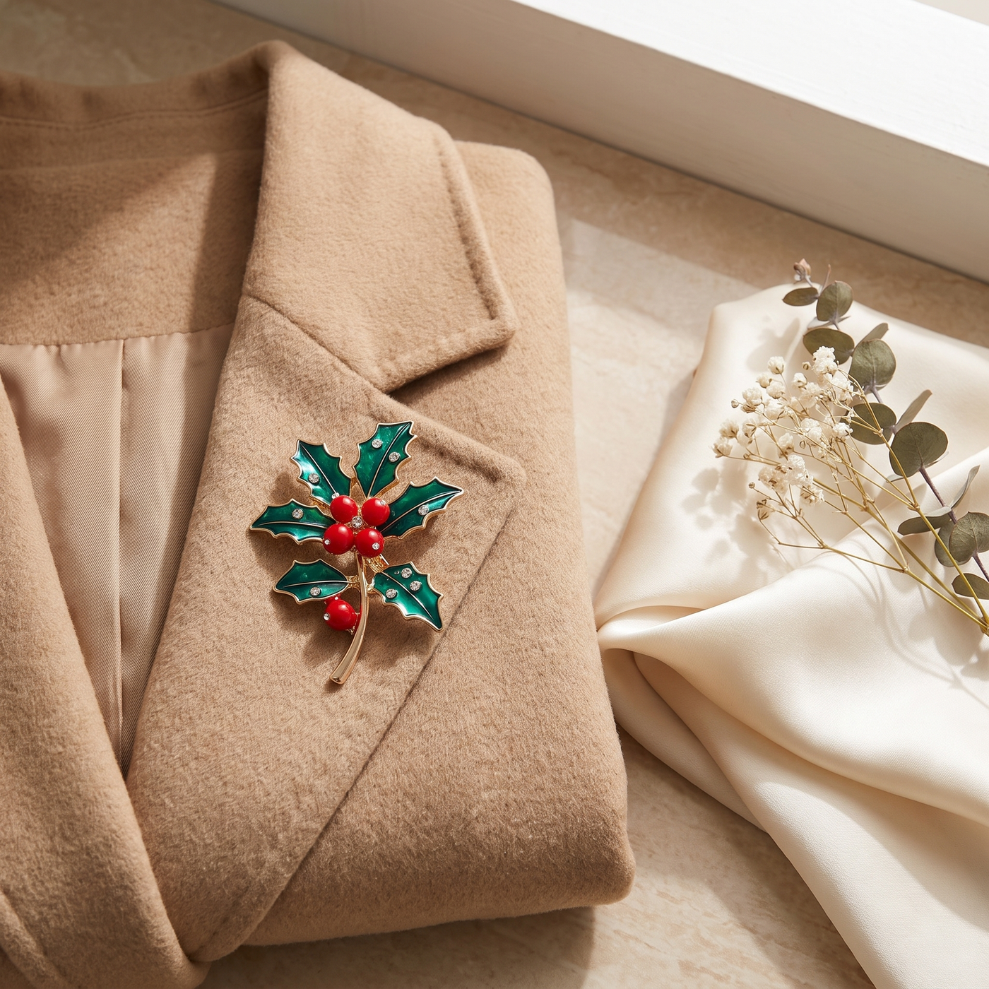 Broche Fleur en émail, bijou vintage Alyvoa portée sur un revers · Houx