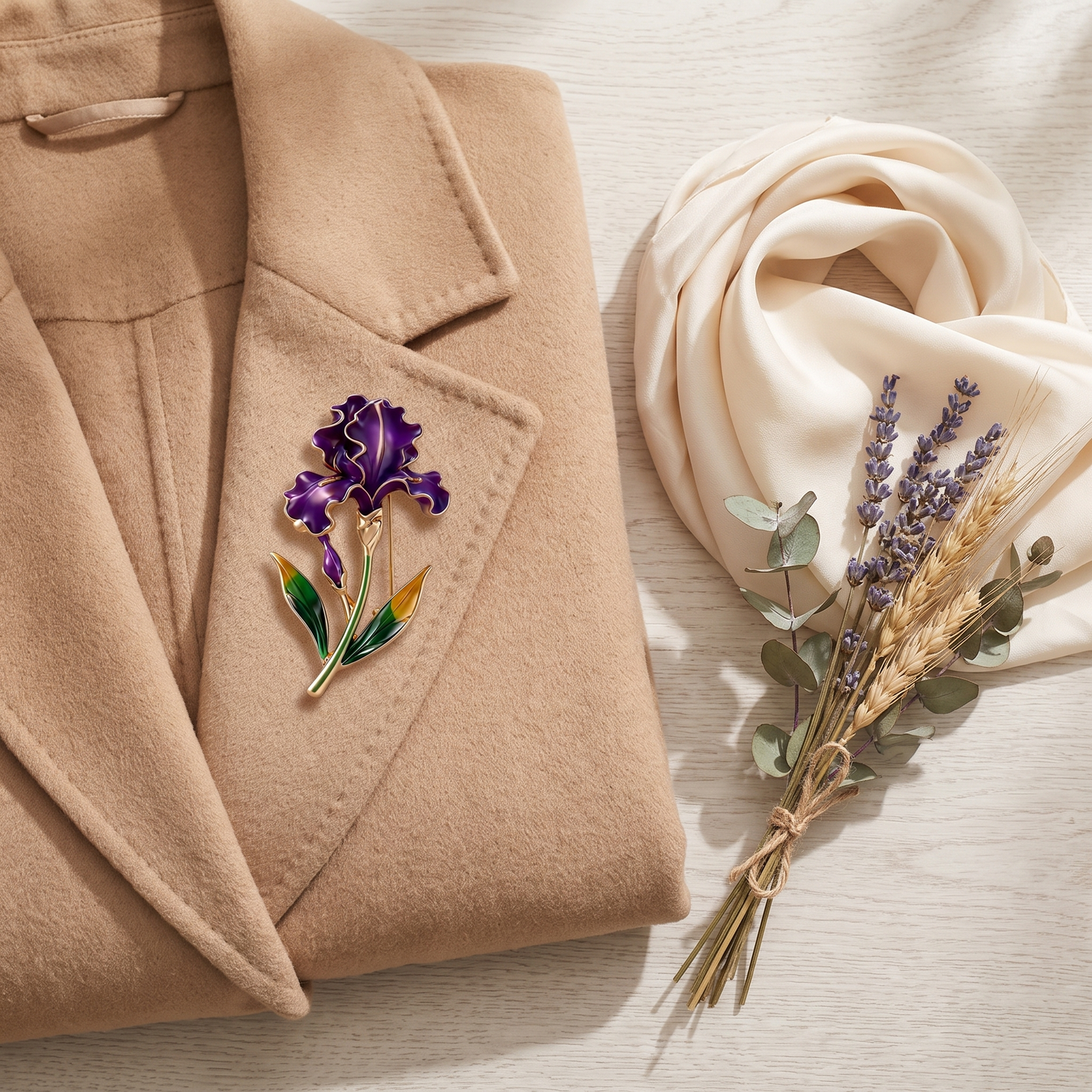 Broche Fleur en émail, bijou vintage Alyvoa portée sur un revers · Iris violet