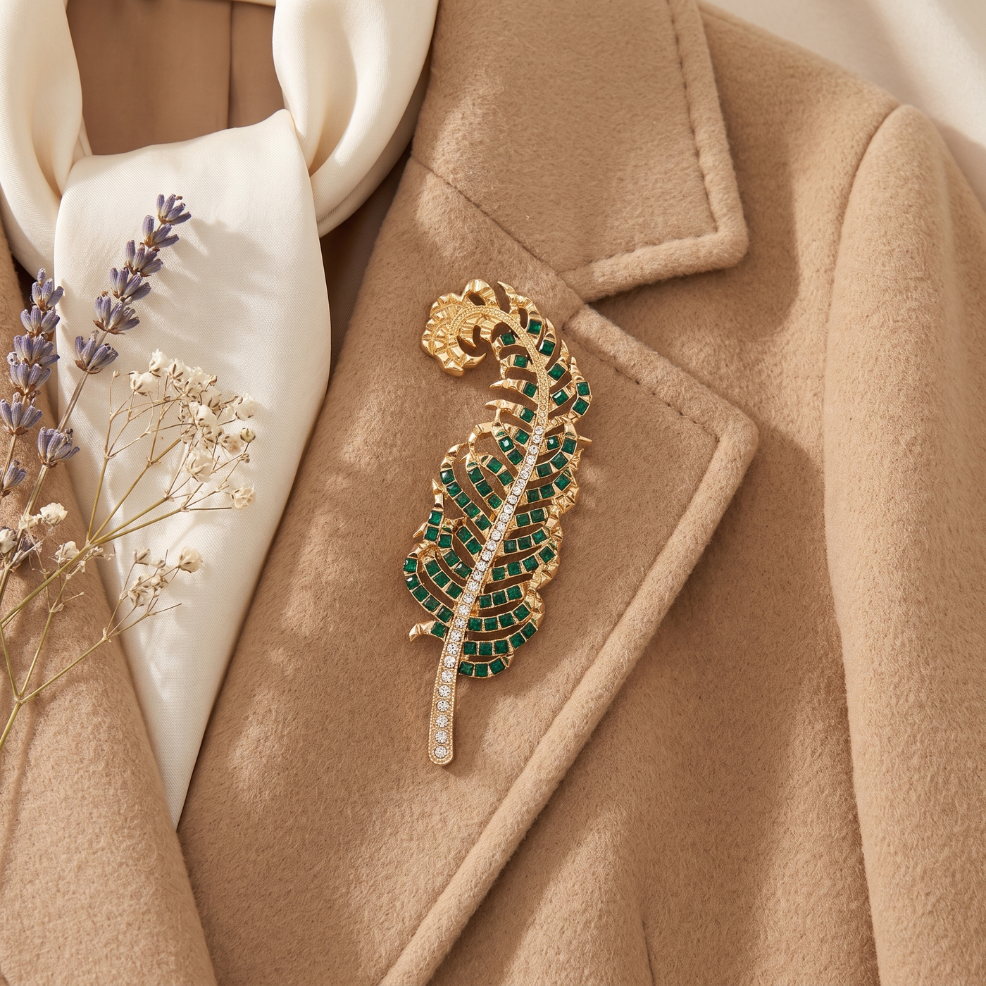 Broche Plume en cristal, bijou vintage Alyvoa en situation · Vert