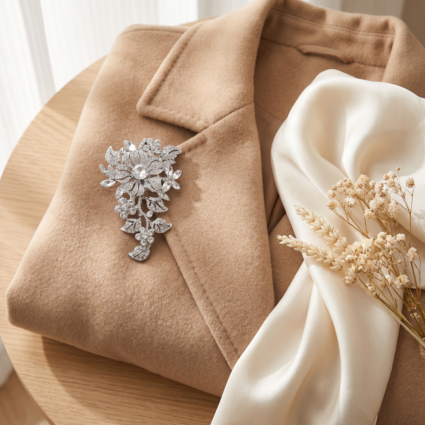 Broche Fleur en cristal, bijou vintage Alyvoa présentée sur un coussin · Blanc