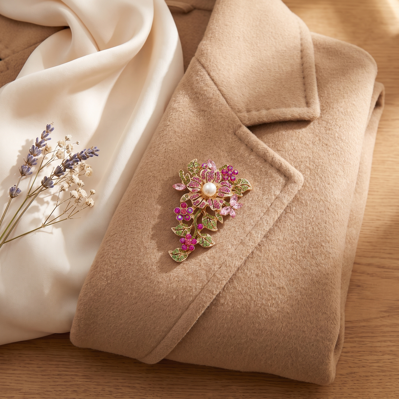 Broche Fleur en cristal, bijou vintage Alyvoa vue en gros plan · Rose