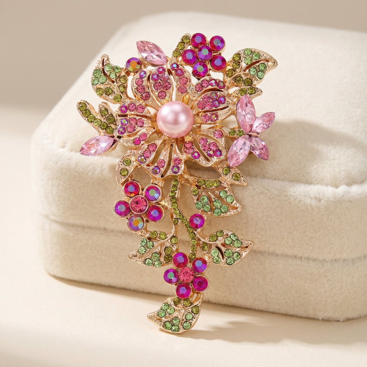 Broche Fleur en cristal, bijou vintage Alyvoa portée sur un revers · Rose