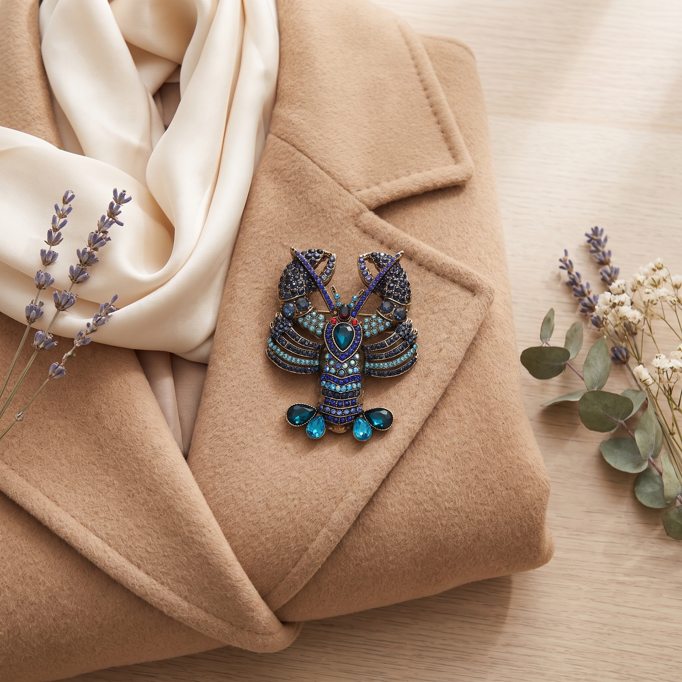 Broche Homard en cristal, bijou vintage Alyvoa portée sur un revers · Bleu