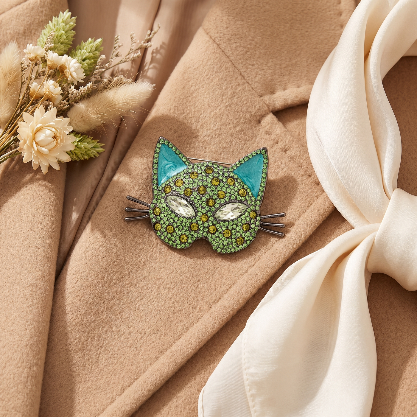 Broche Chat, bijou fantaisie vintage Alyvoa portée sur un revers · Vert