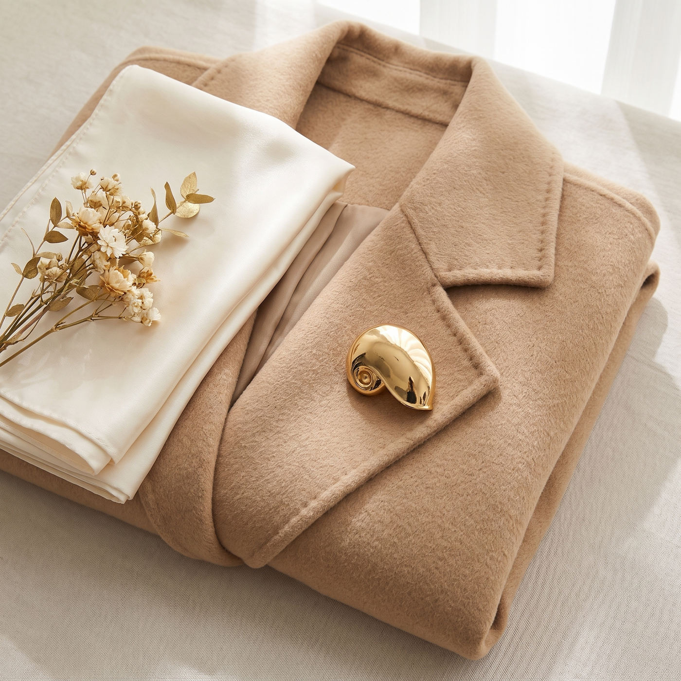 Broche Coquillage, bijou fantaisie vintage Alyvoa en situation · Doré