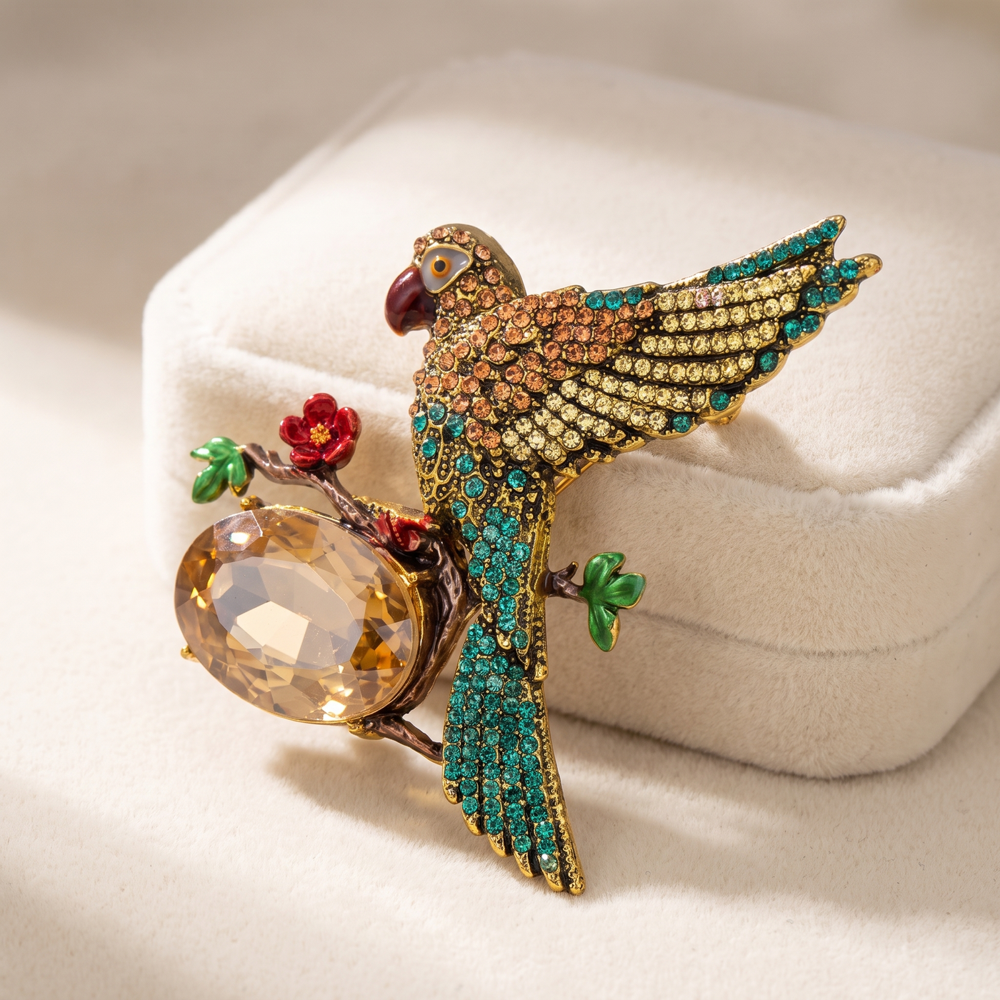 Broche Oiseau en cristal, bijou vintage Alyvoa présentée sur un coussin · Champagne