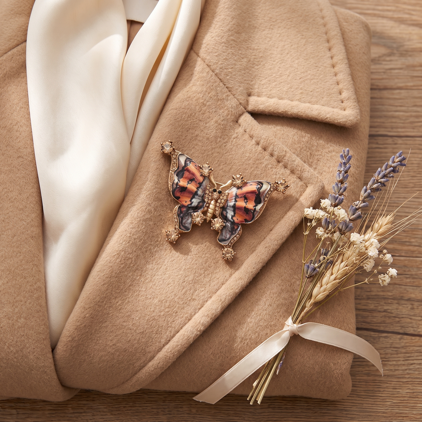 Broche Papillon en émail, bijou vintage Alyvoa vue en gros plan · Orange
