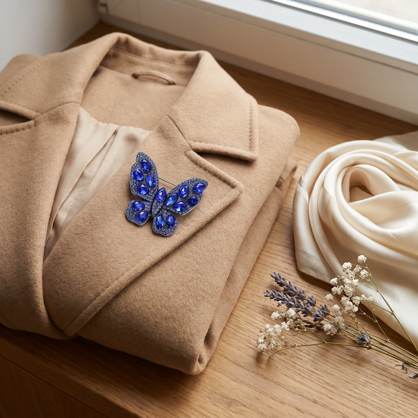 Broche Papillon en cristal, bijou vintage Alyvoa vue en gros plan · Bleu
