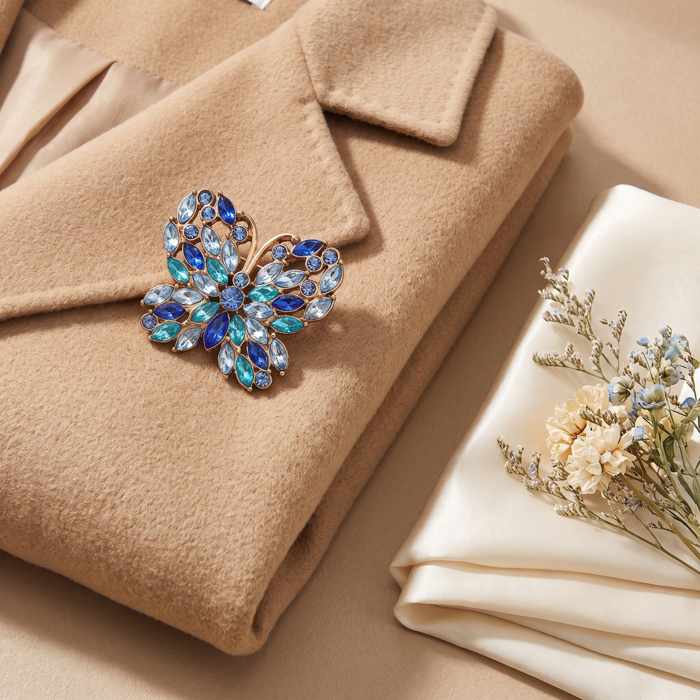 Broche Papillon en cristal, bijou vintage Alyvoa présentée sur un coussin · Bleu