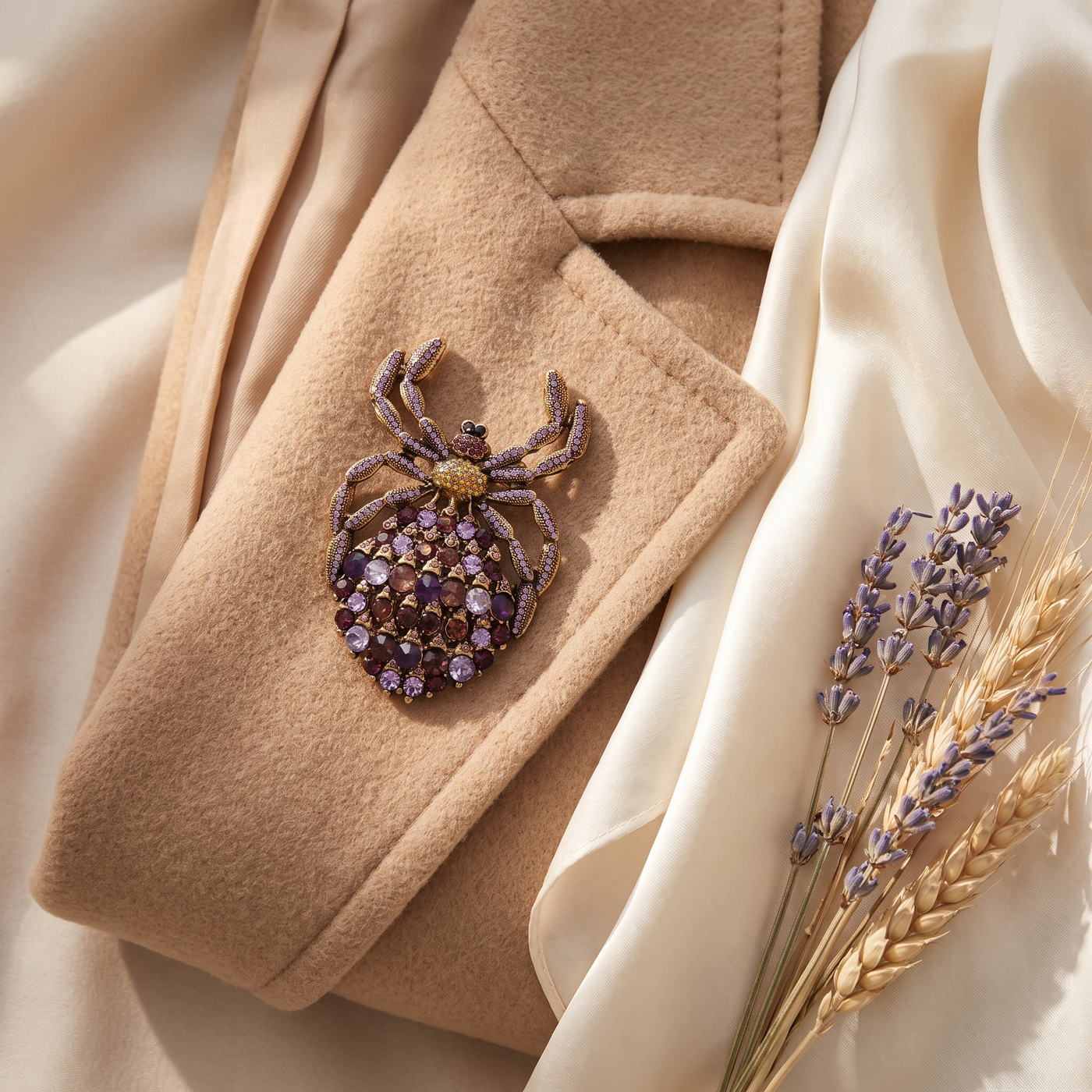 Broche Araignée en cristal, bijou vintage Alyvoa portée sur un revers