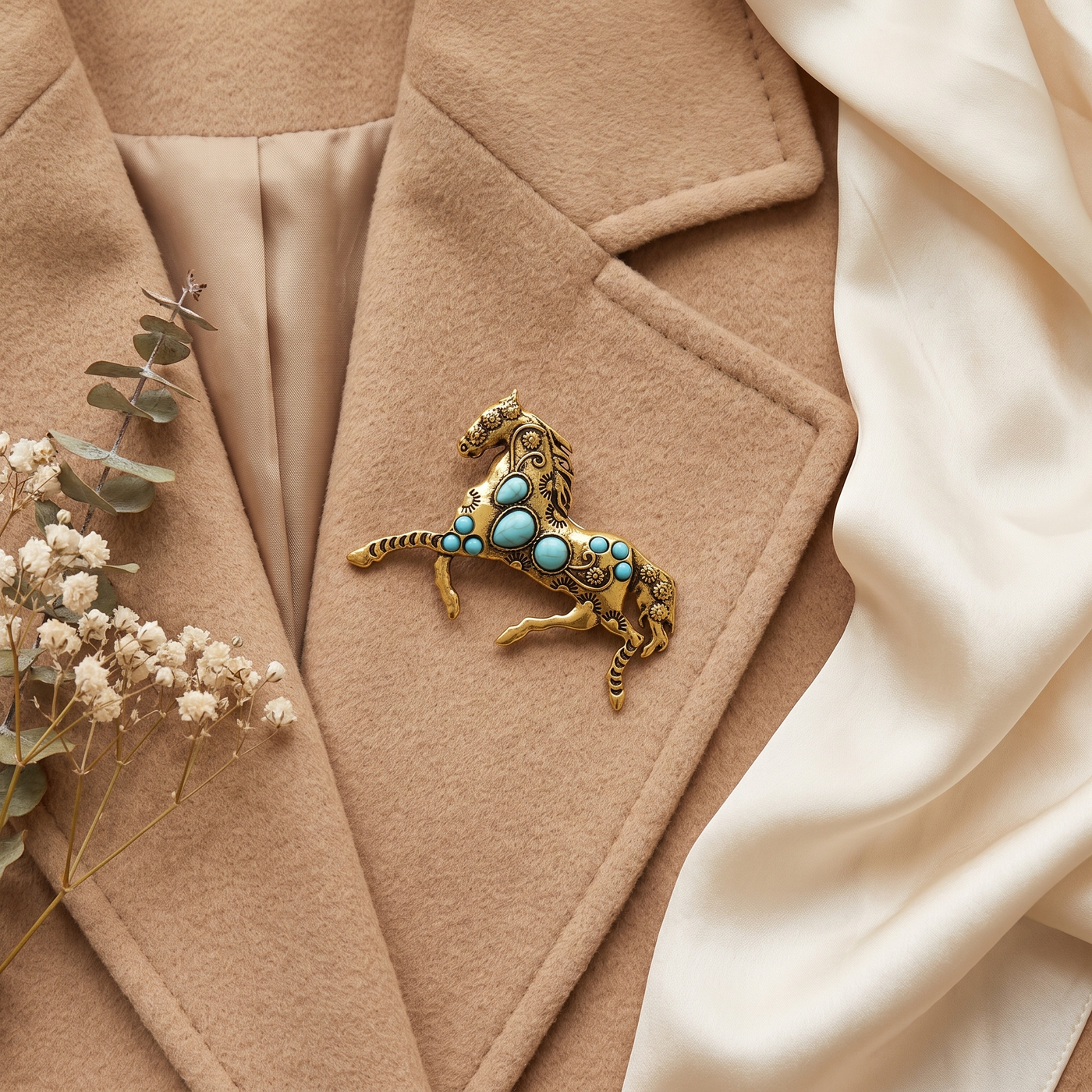 Broche Cheval, bijou fantaisie vintage Alyvoa en situation · Doré