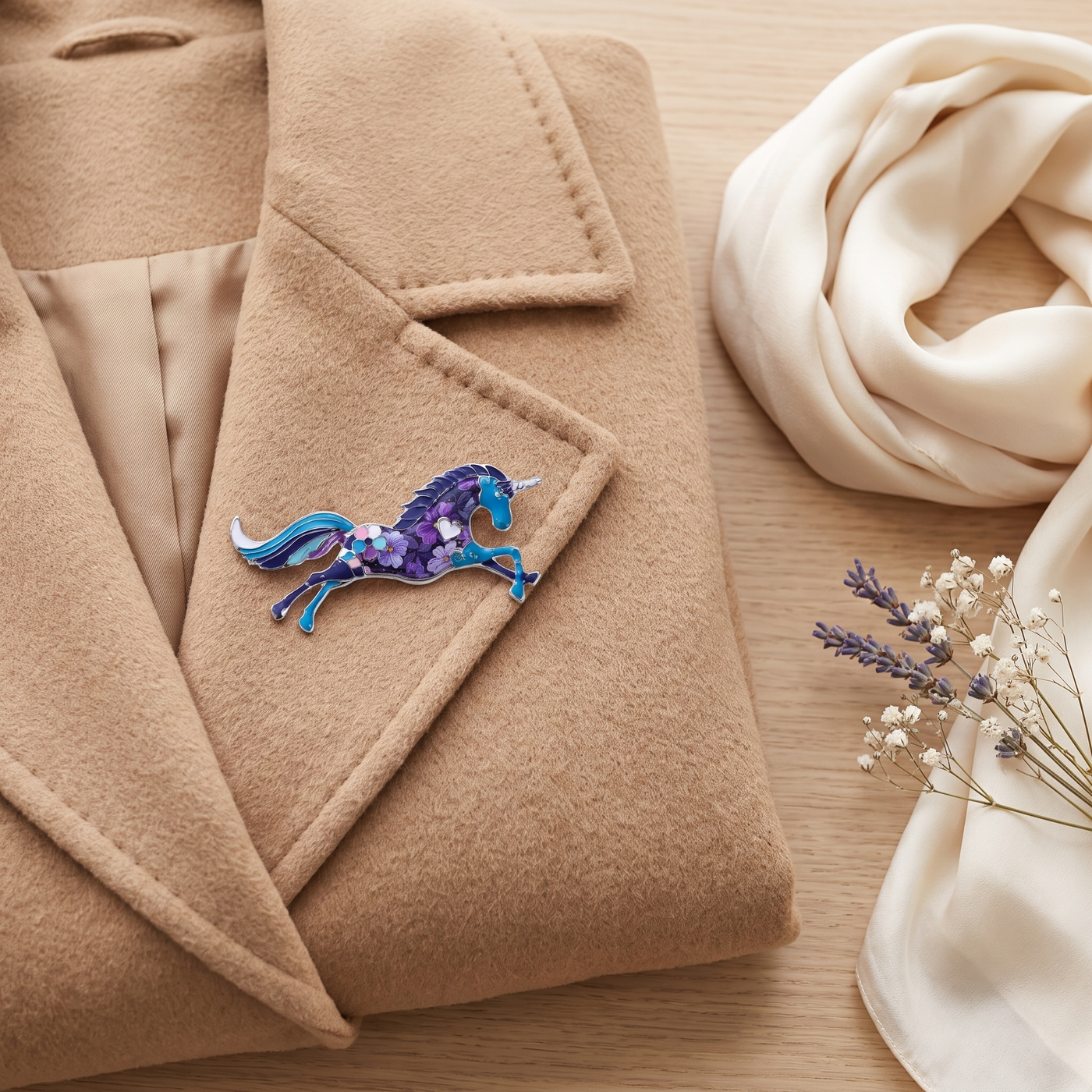 Broche Licorne, bijou fantaisie vintage Alyvoa en situation · Bleu