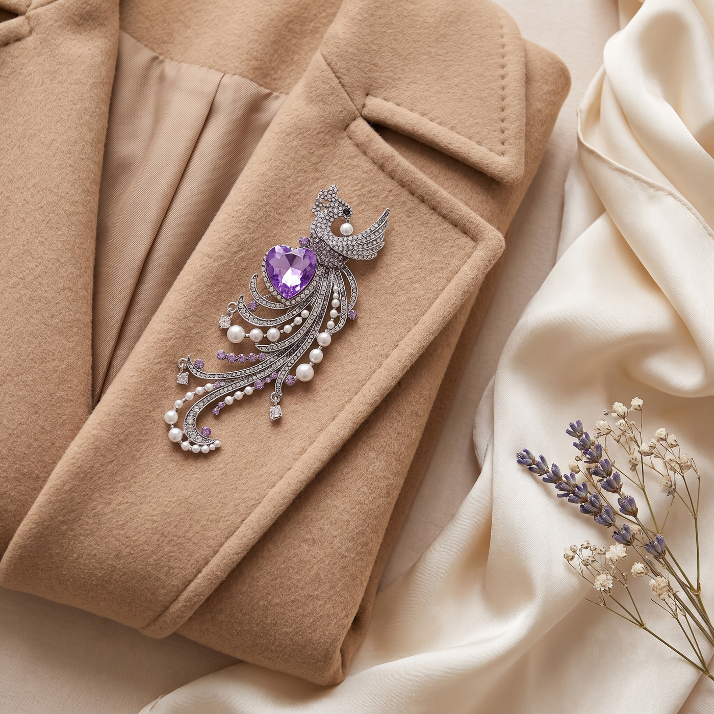 Broche Oiseau en cristal, bijou vintage Alyvoa portée sur un revers