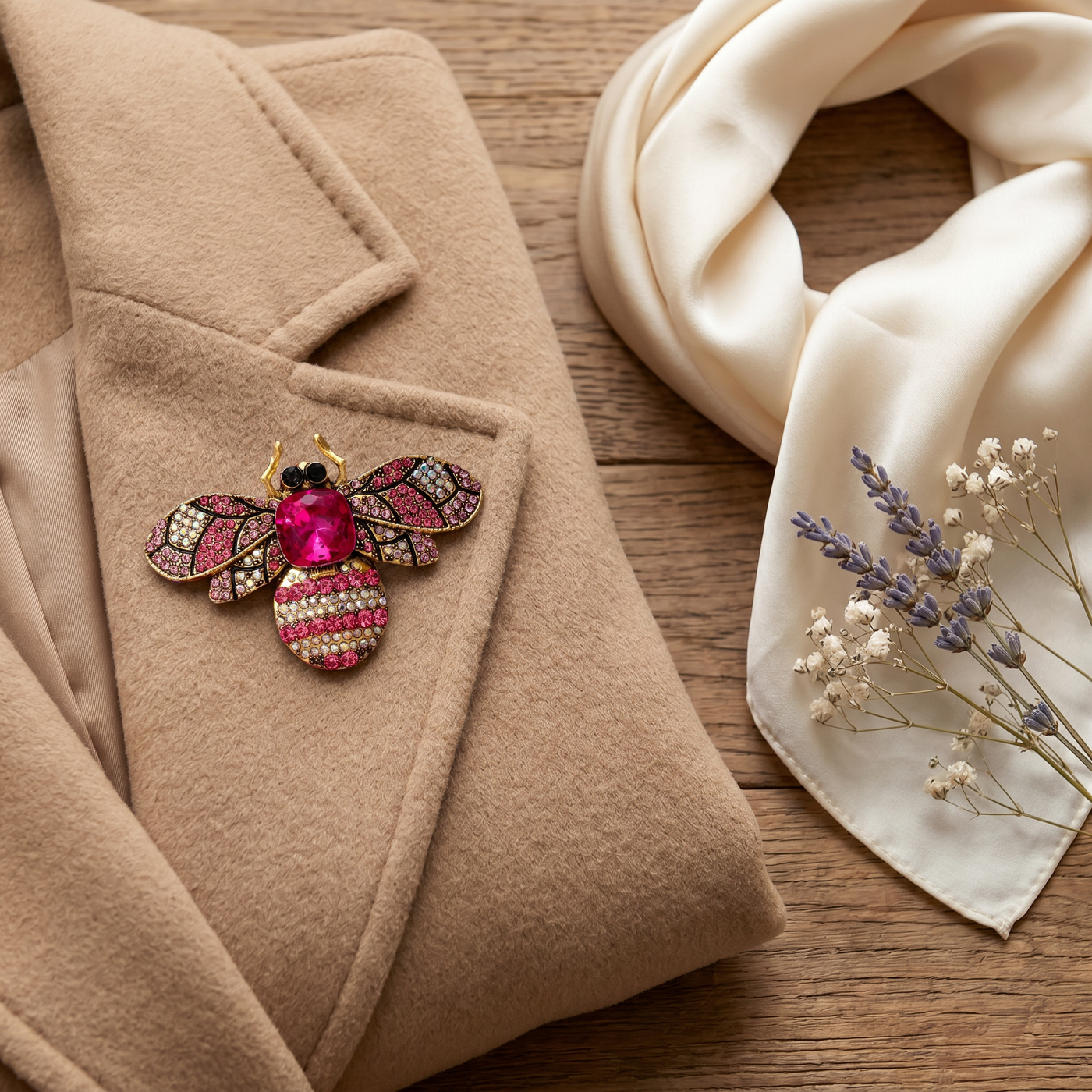 Broche Abeille en cristal, bijou vintage Alyvoa tenue à la main · Rose