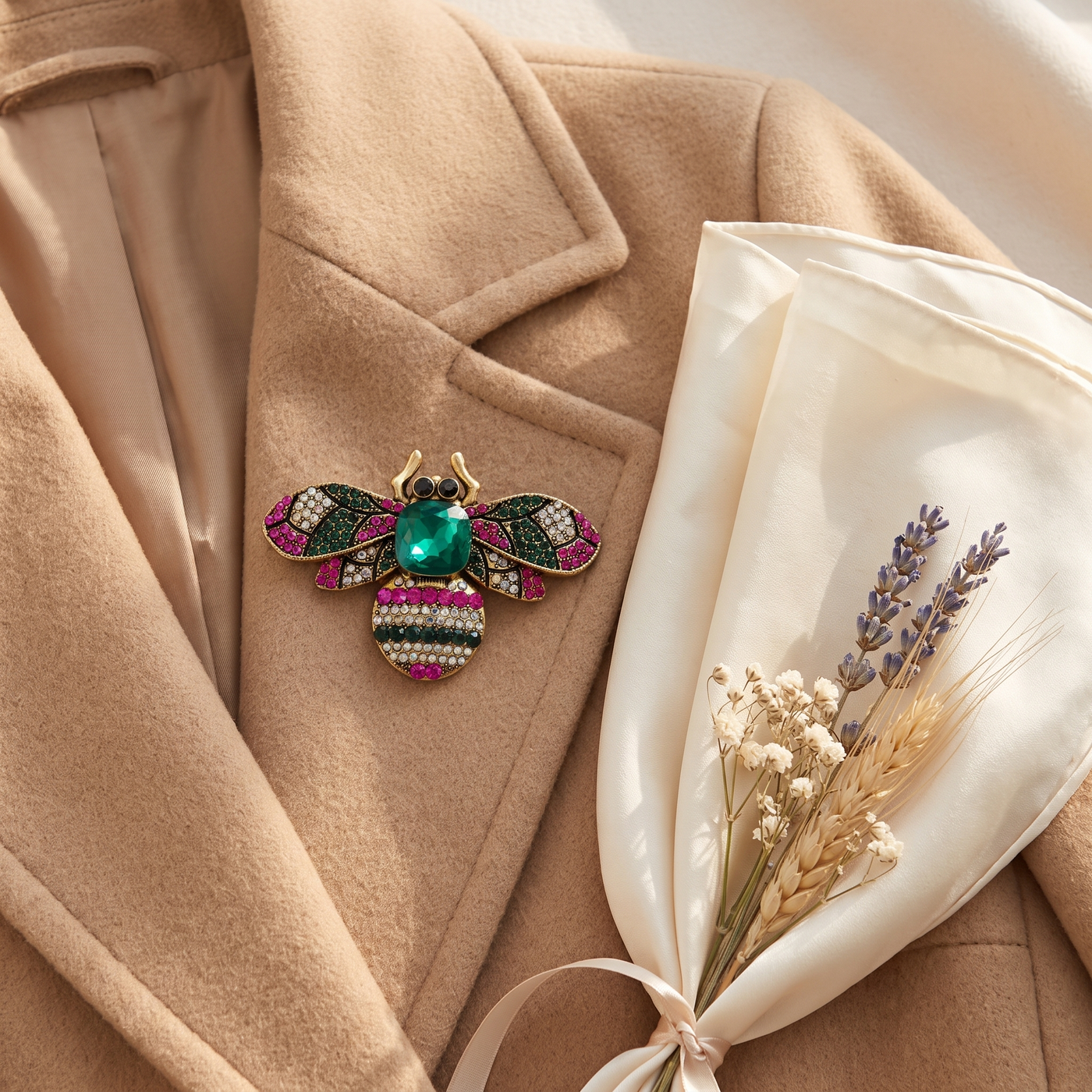 Broche Abeille en cristal, bijou vintage Alyvoa en situation · Vert