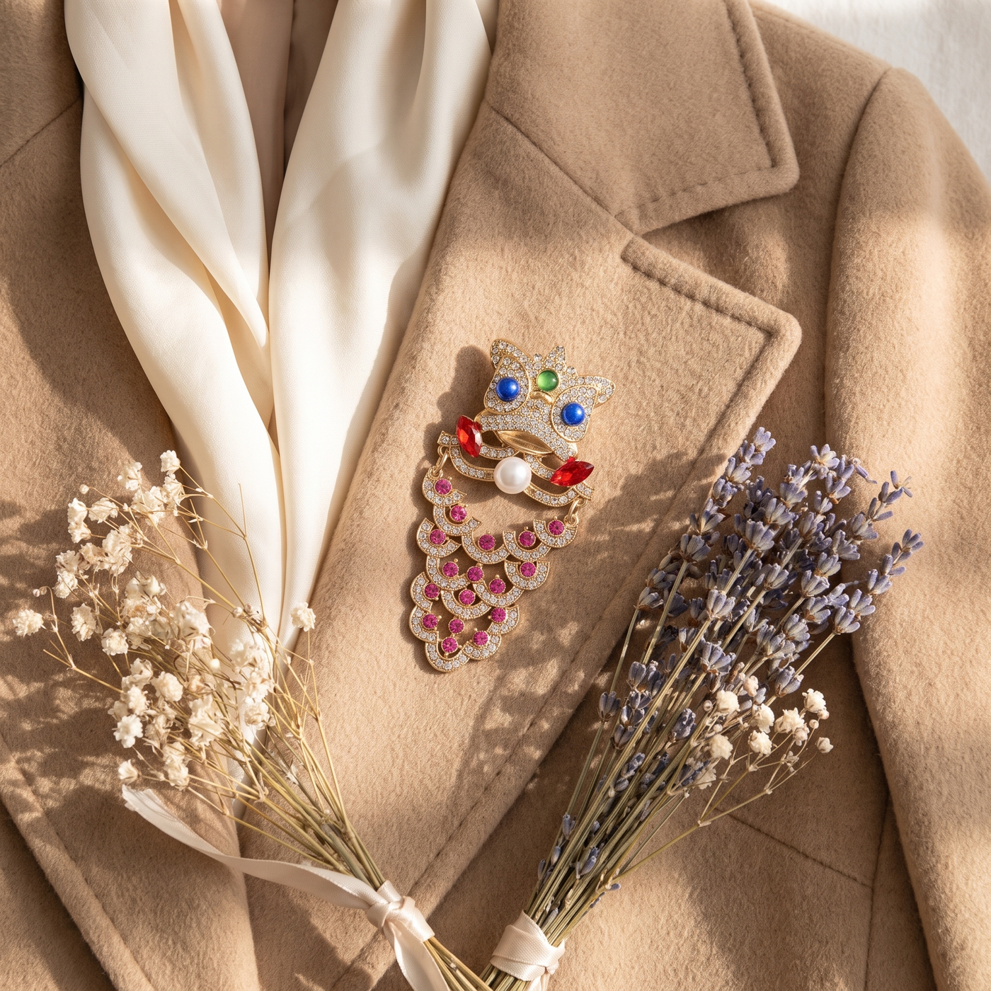 Broche Lion en cristal, bijou vintage Alyvoa portée sur un revers