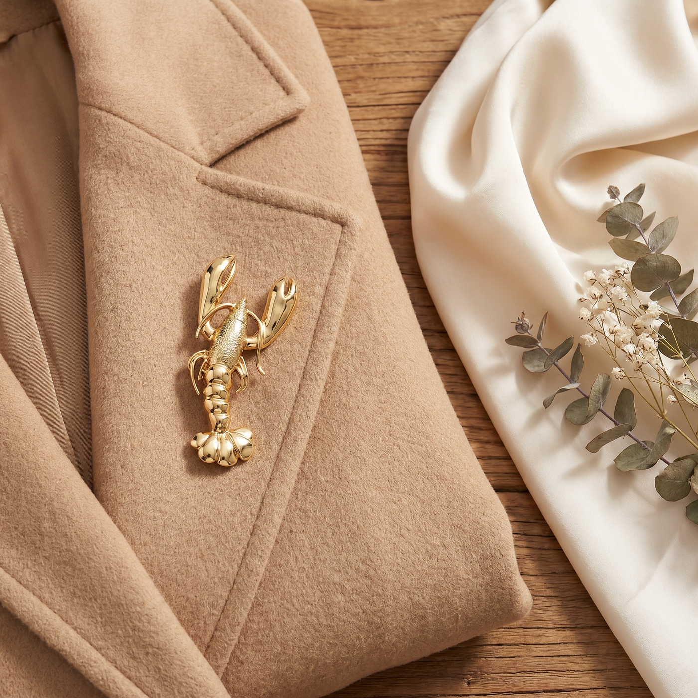 Broche Homard en acier, bijou vintage Alyvoa tenue à la main · Doré