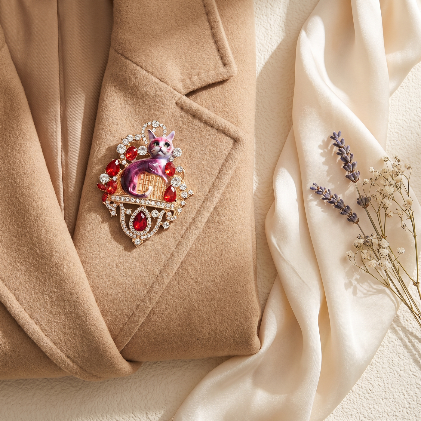 Broche Chat en cristal, bijou vintage Alyvoa présentée sur un coussin · Rouge
