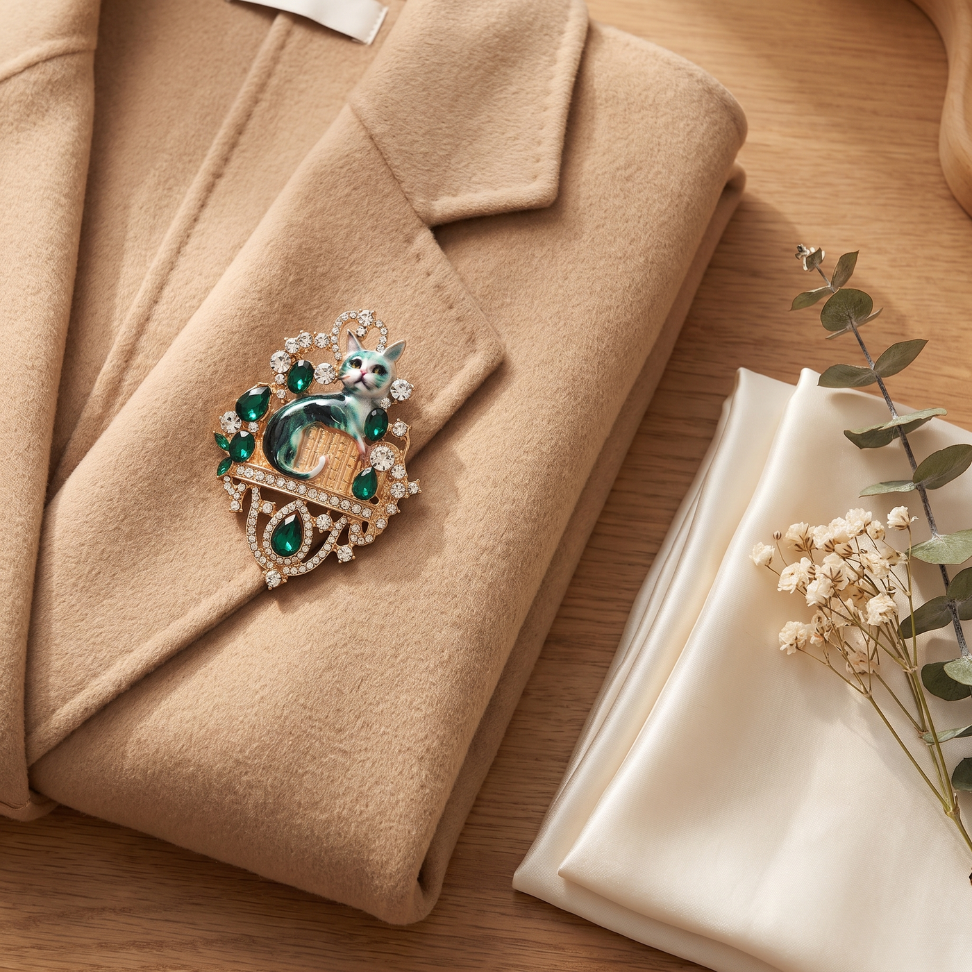 Broche Chat en cristal, bijou vintage Alyvoa vue en gros plan · Vert