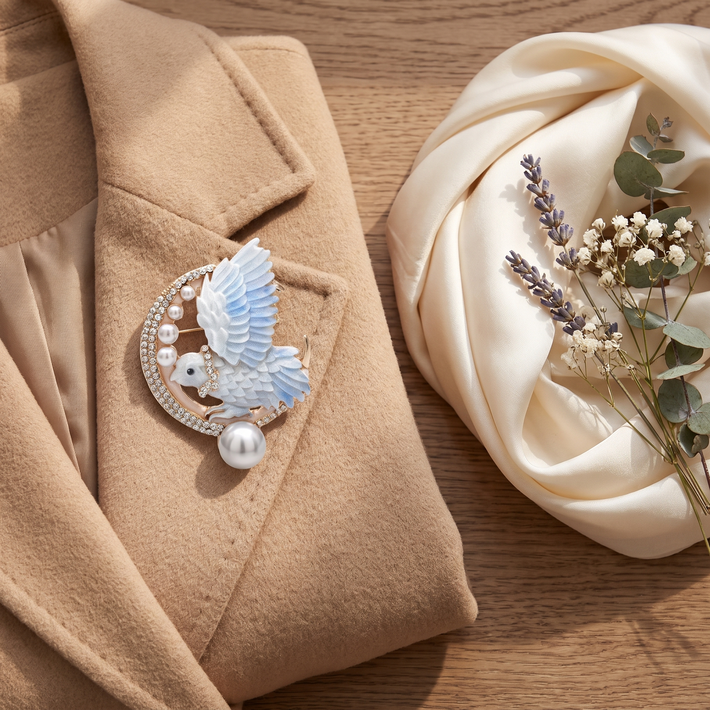 Broche Oiseau en émail, bijou vintage Alyvoa vue en gros plan · Bleu