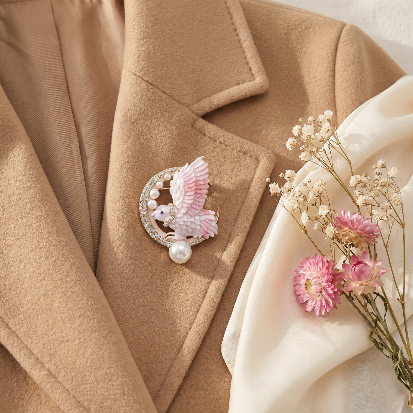 Broche Oiseau en émail, bijou vintage Alyvoa · Rose