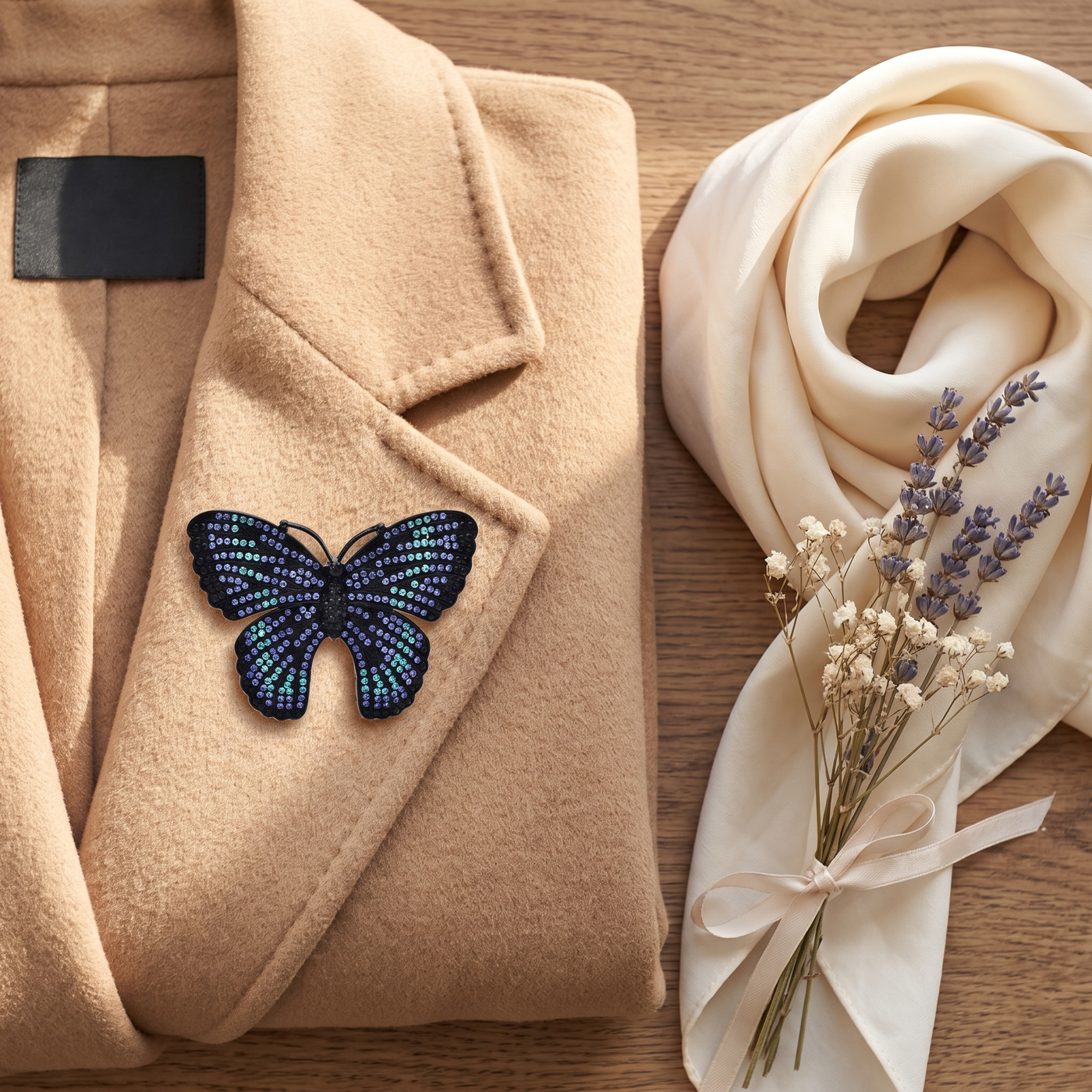 Broche Papillon en cristal, bijou vintage Alyvoa en situation · Bleu
