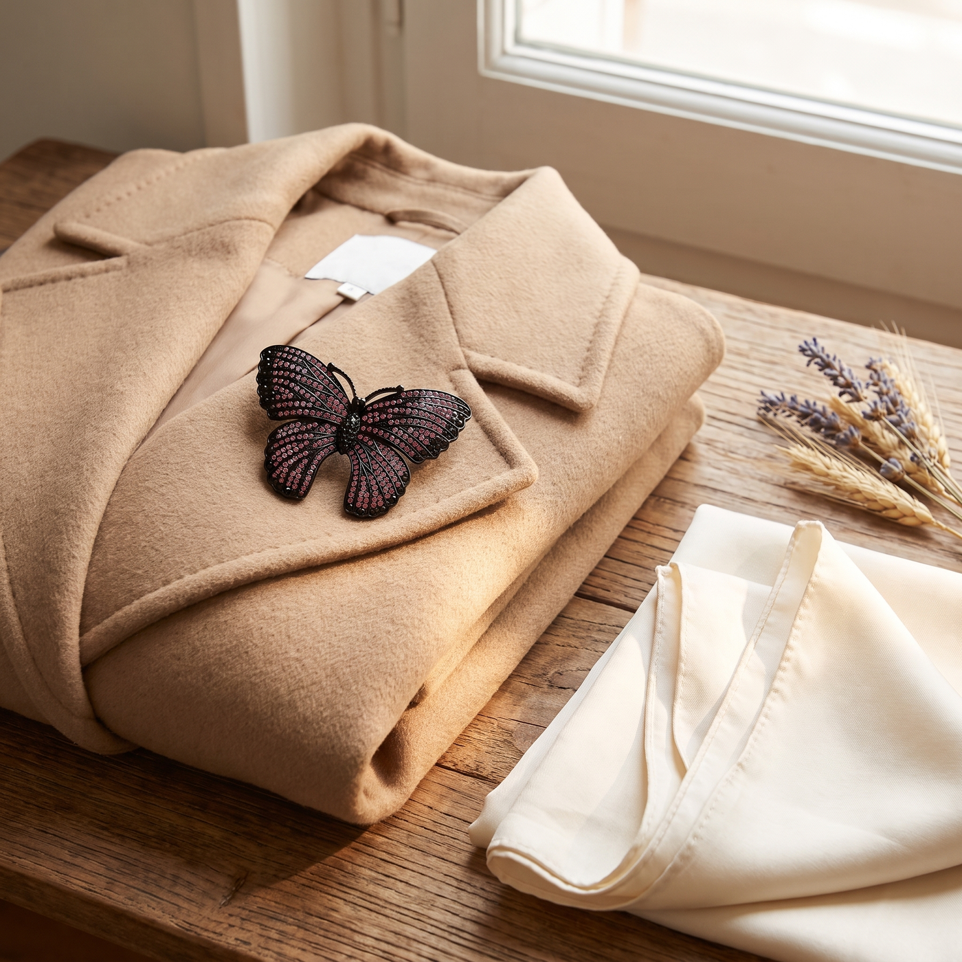 Broche Papillon en cristal, bijou vintage Alyvoa vue en gros plan · Rose
