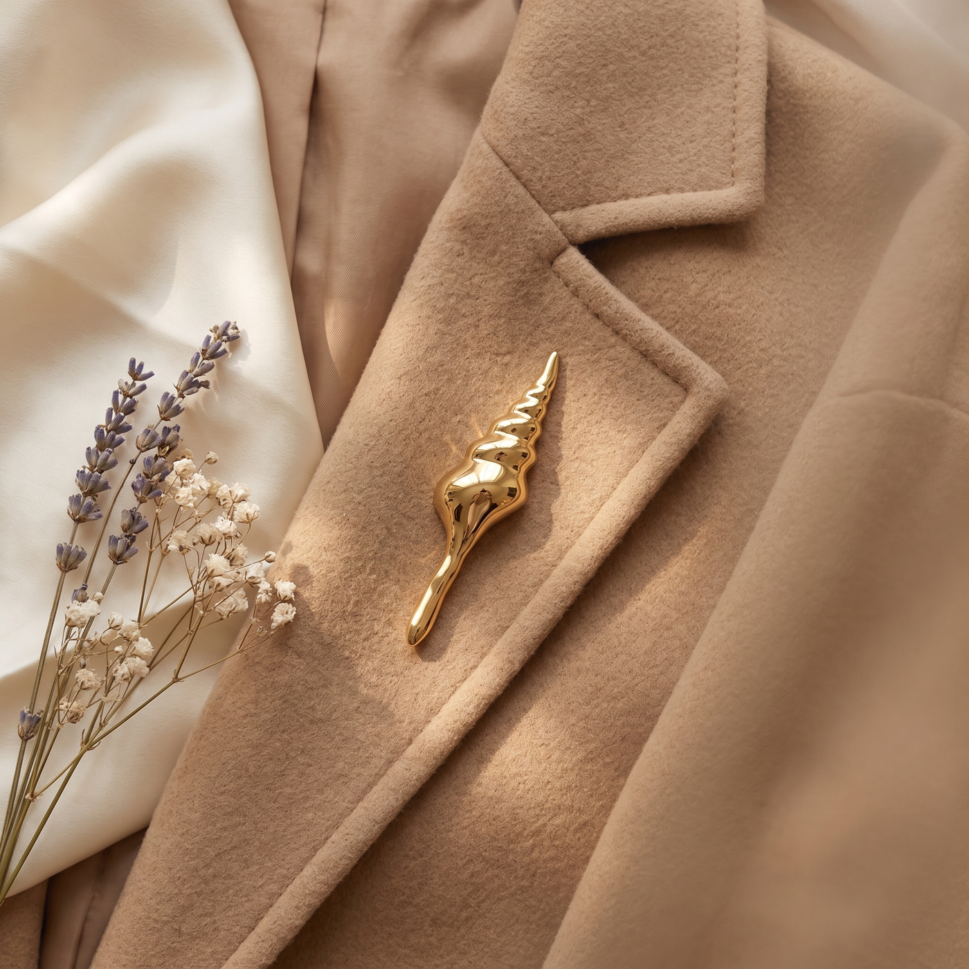 Broche Coquillage en acier, bijou vintage Alyvoa en situation · Doré