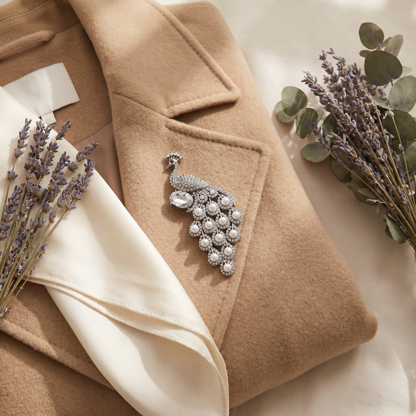 Broche Paon en perles & cristal, bijou vintage Alyvoa présentée sur un coussin