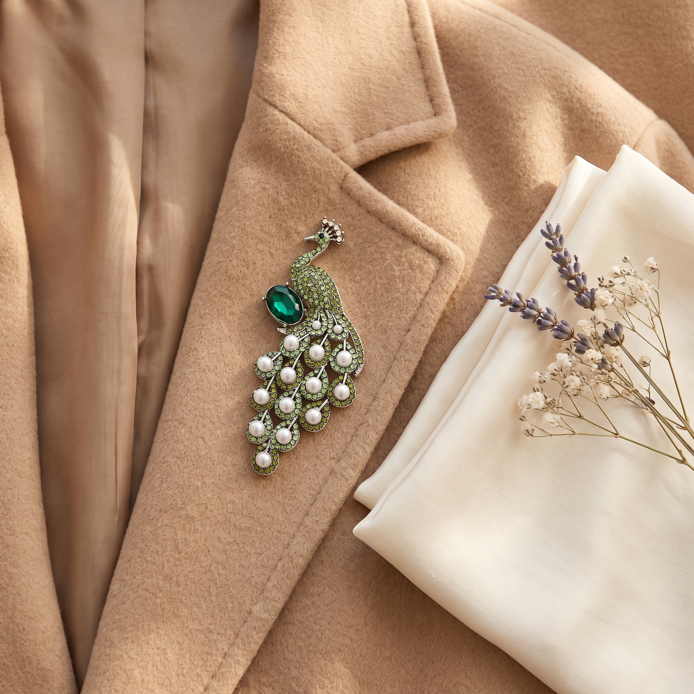 Broche Paon en perles & cristal, bijou vintage Alyvoa