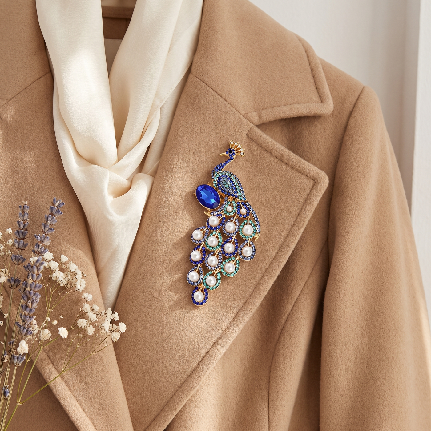 Broche Paon en perles & cristal, bijou vintage Alyvoa portée sur un revers