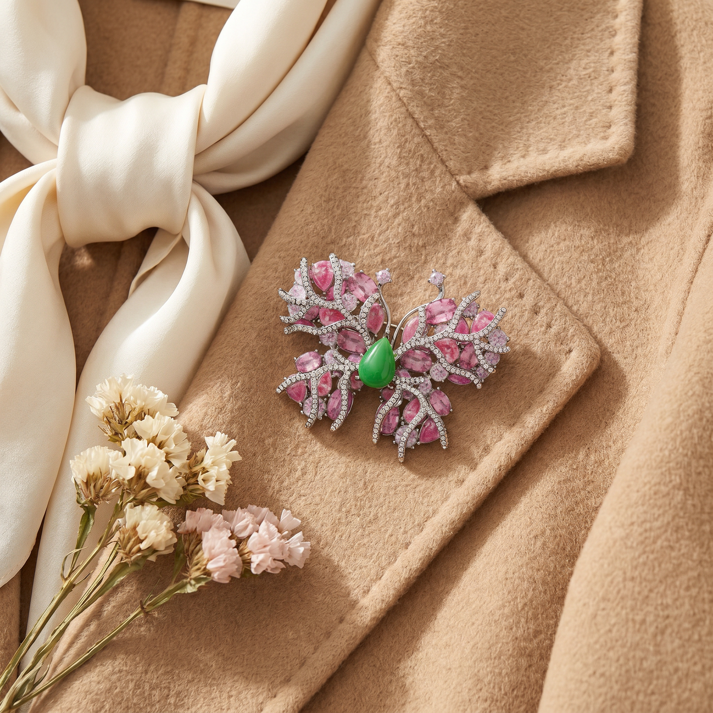 Broche Papillon en cristal, bijou vintage Alyvoa portée sur un revers · Rose