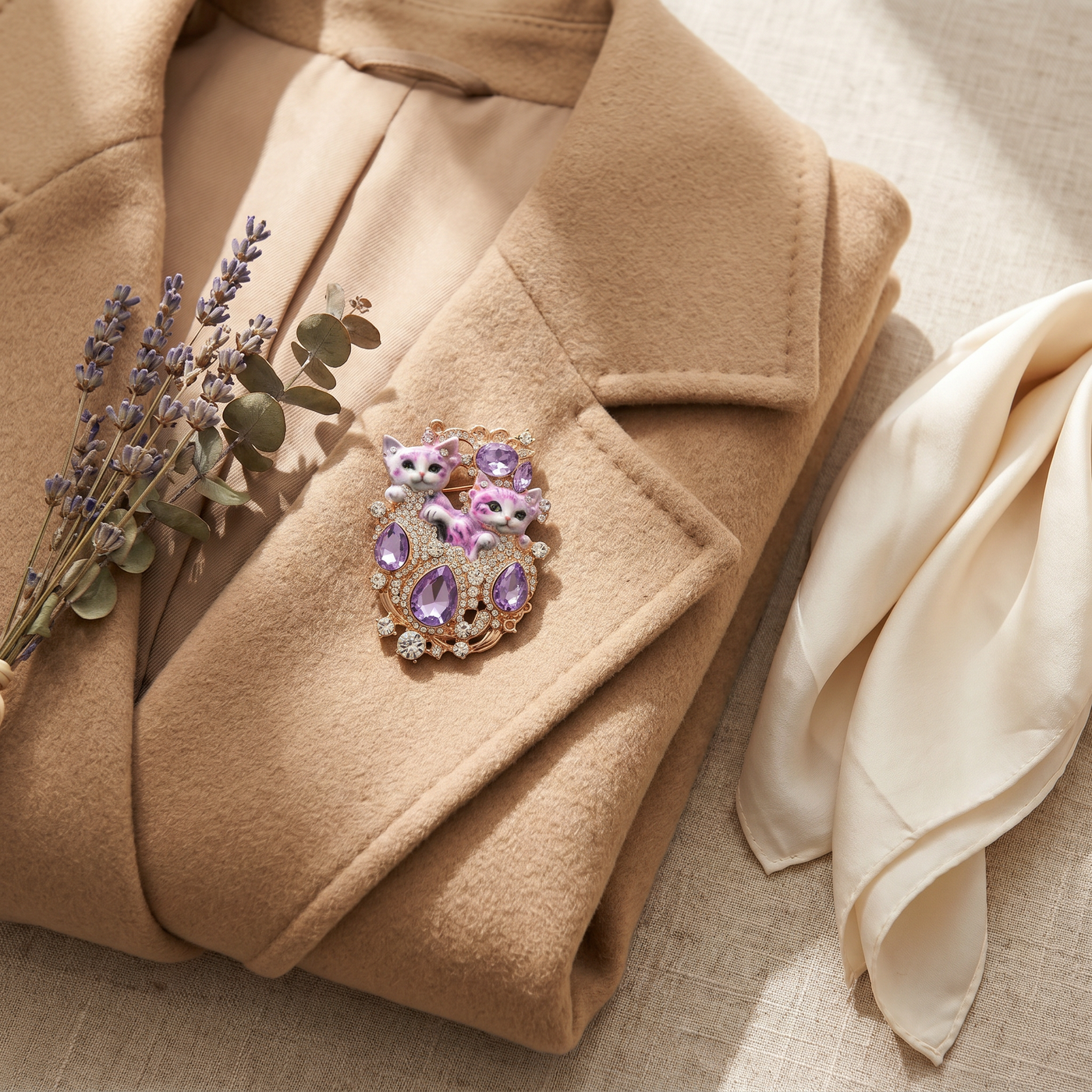 Broche Chat en émail, bijou vintage Alyvoa portée sur un revers · Violet