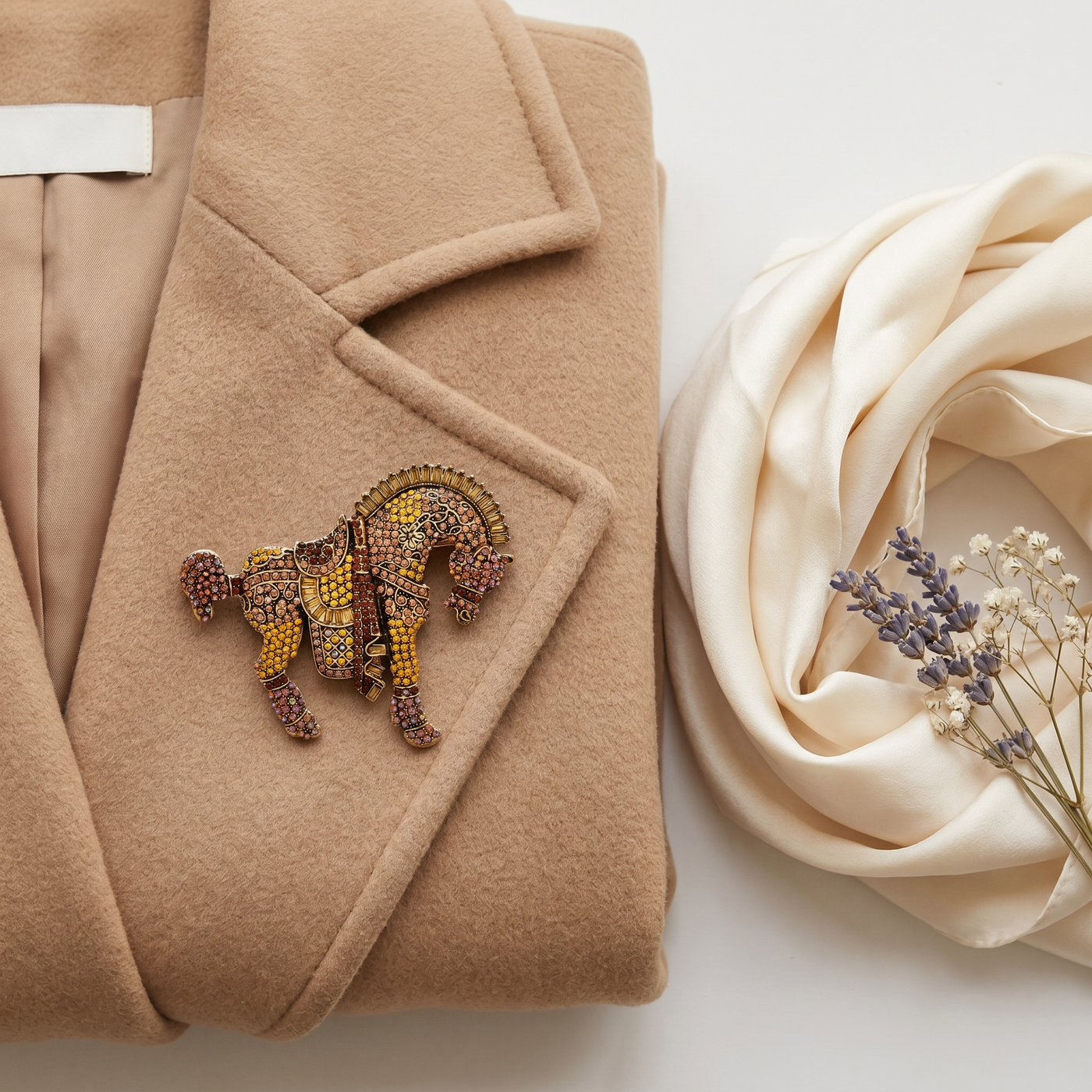 Broche Cheval en cristal, bijou vintage Alyvoa portée sur un revers · Marron