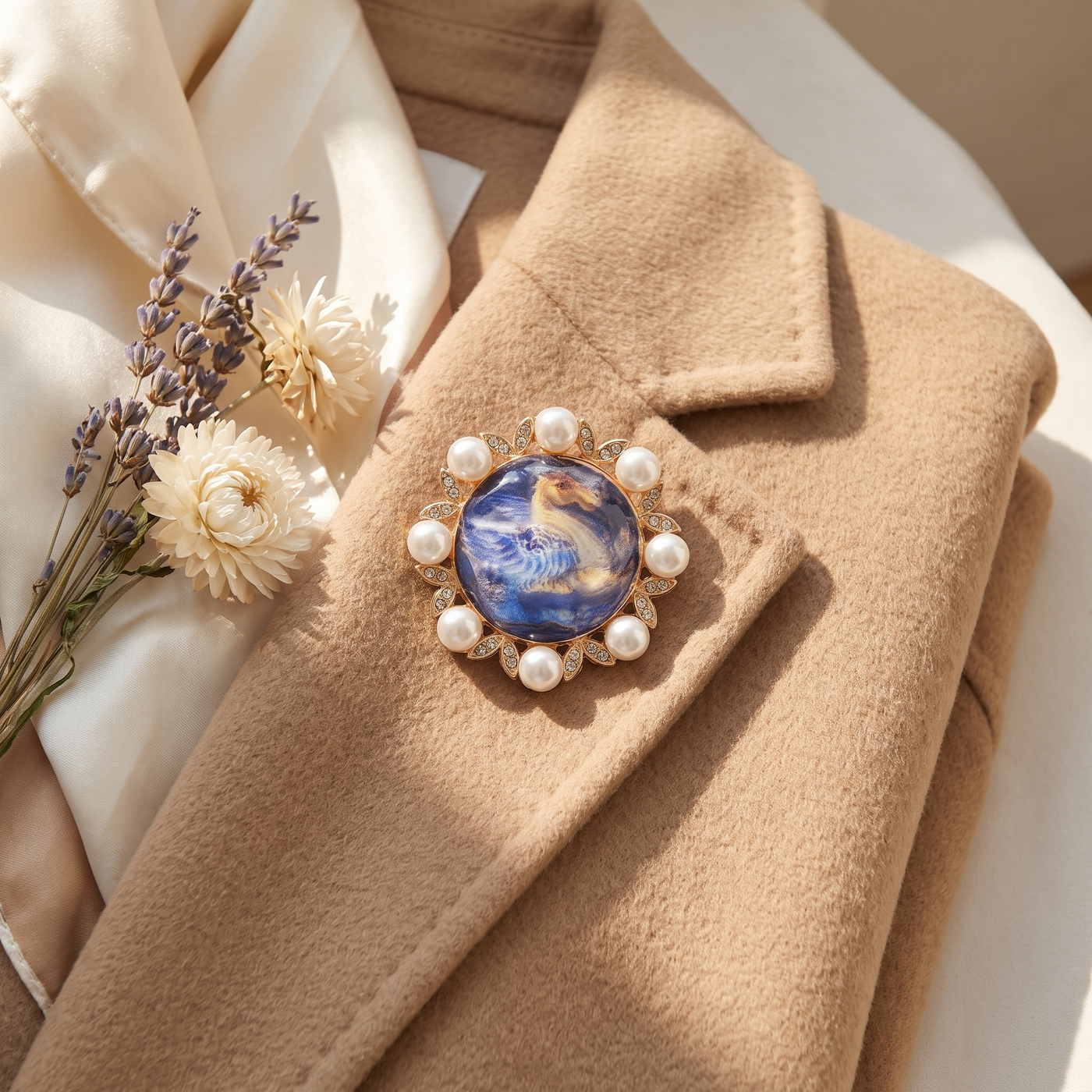 Broche Cheval en perles, bijou vintage Alyvoa présentée sur un coussin · Bleu