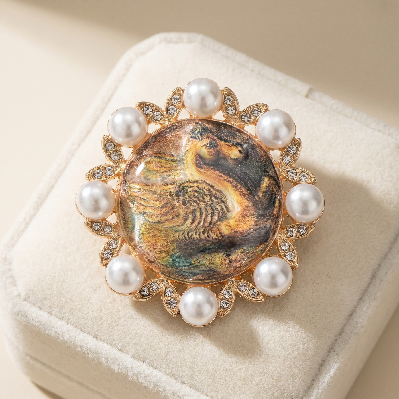 Broche Cheval en perles, bijou vintage Alyvoa en situation · Jaune