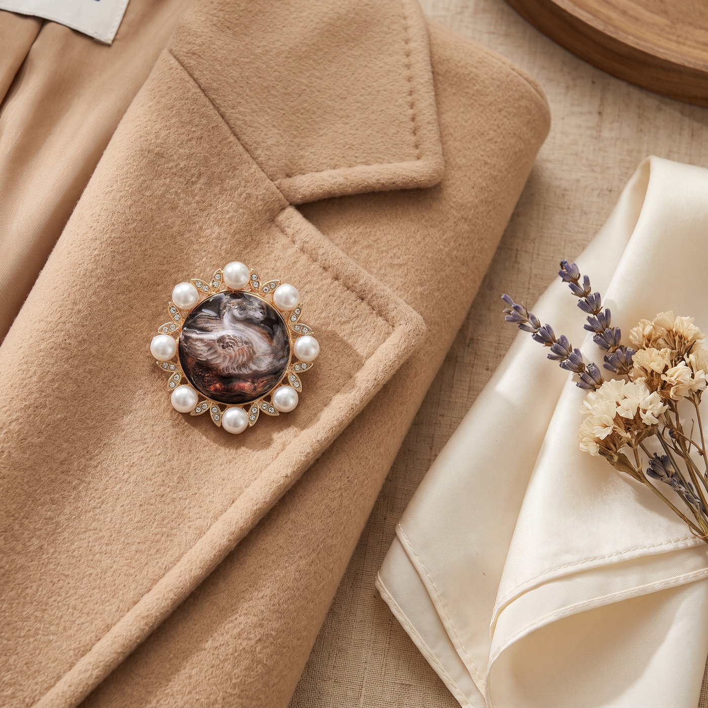 Broche Cheval en perles, bijou vintage Alyvoa portée sur un revers · Blanc