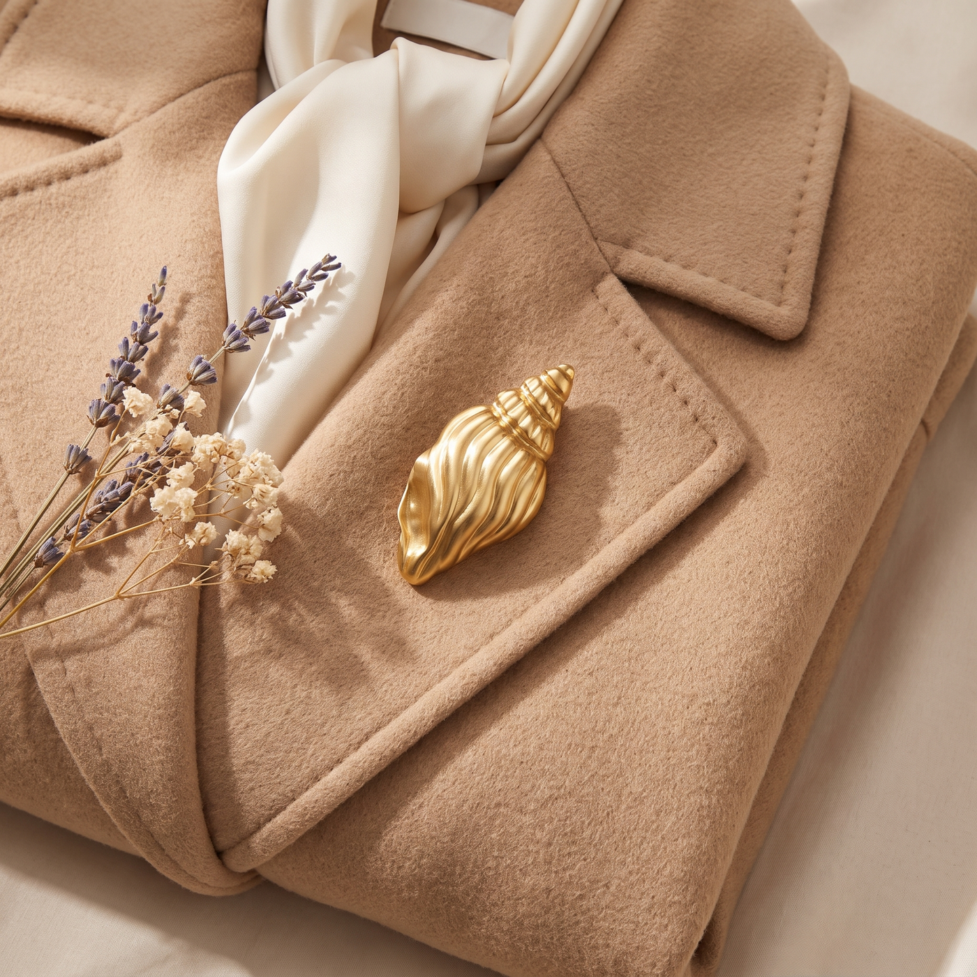 Broche Coquillage en acier, bijou vintage Alyvoa en situation · Doré
