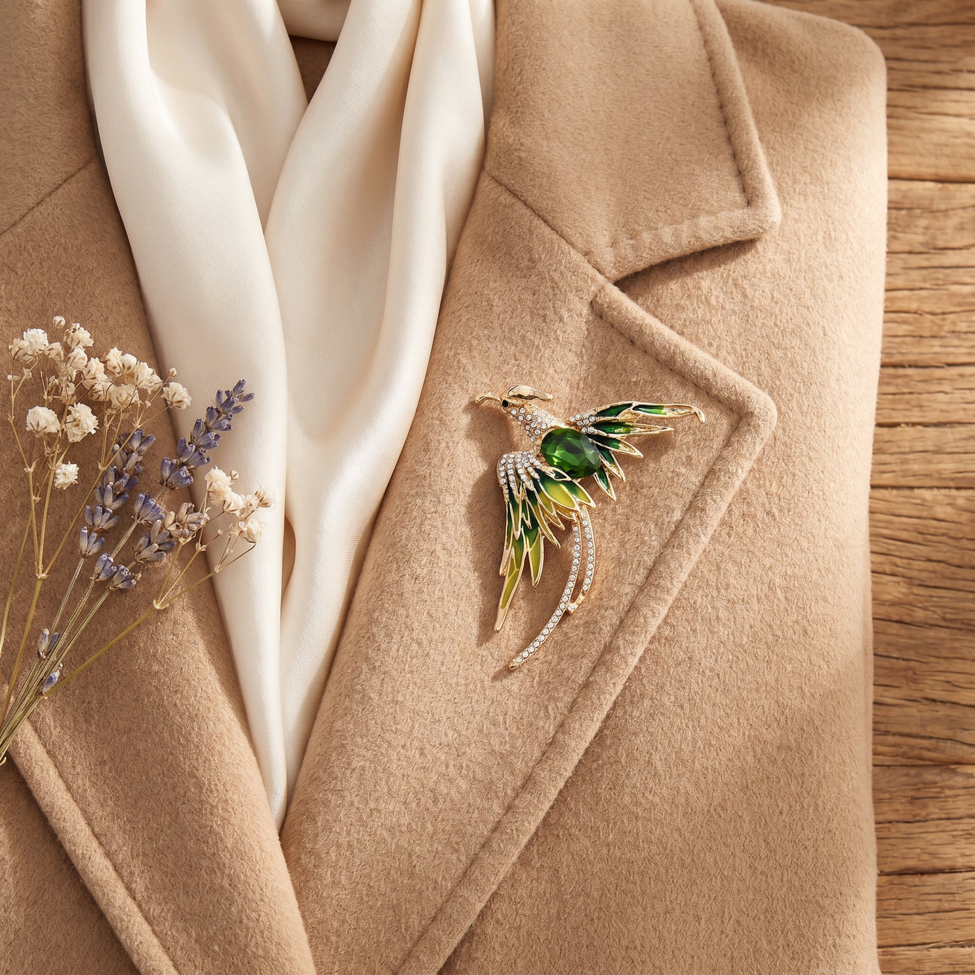 Broche Phénix en cristal, bijou vintage Alyvoa vue en gros plan · Vert
