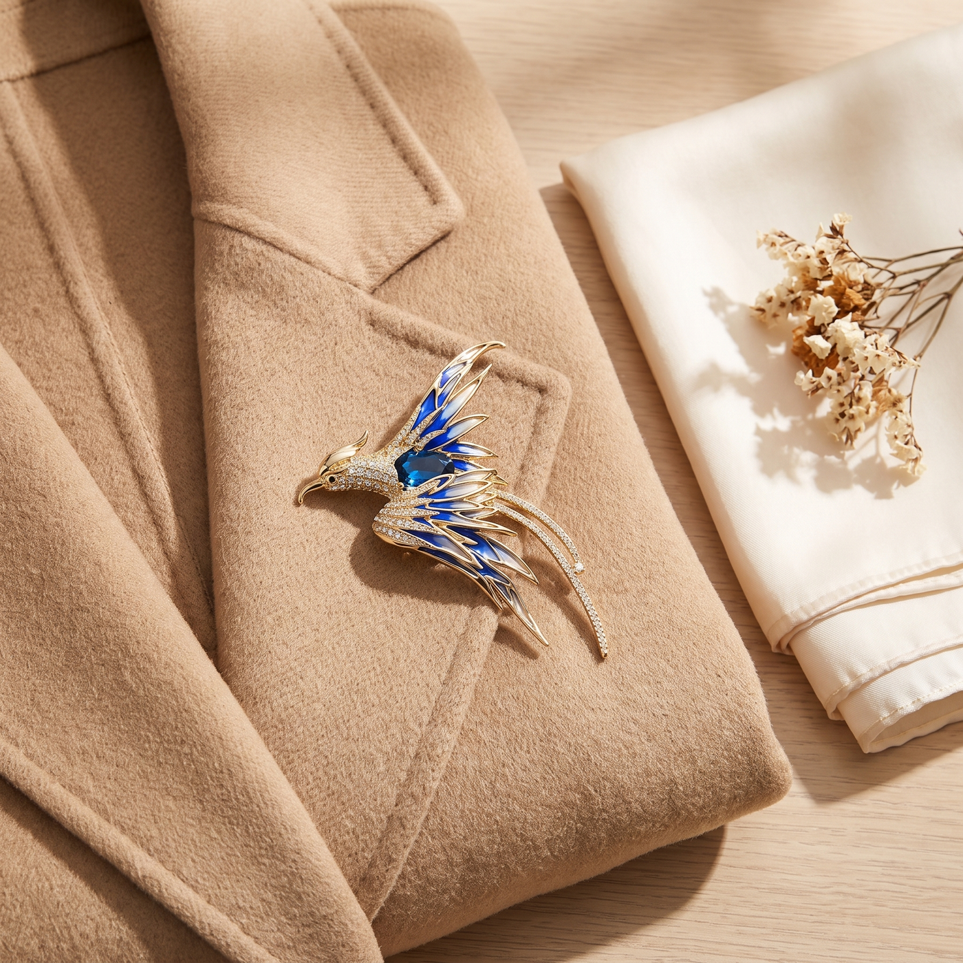 Broche Phénix en cristal, bijou vintage Alyvoa tenue à la main · Bleu