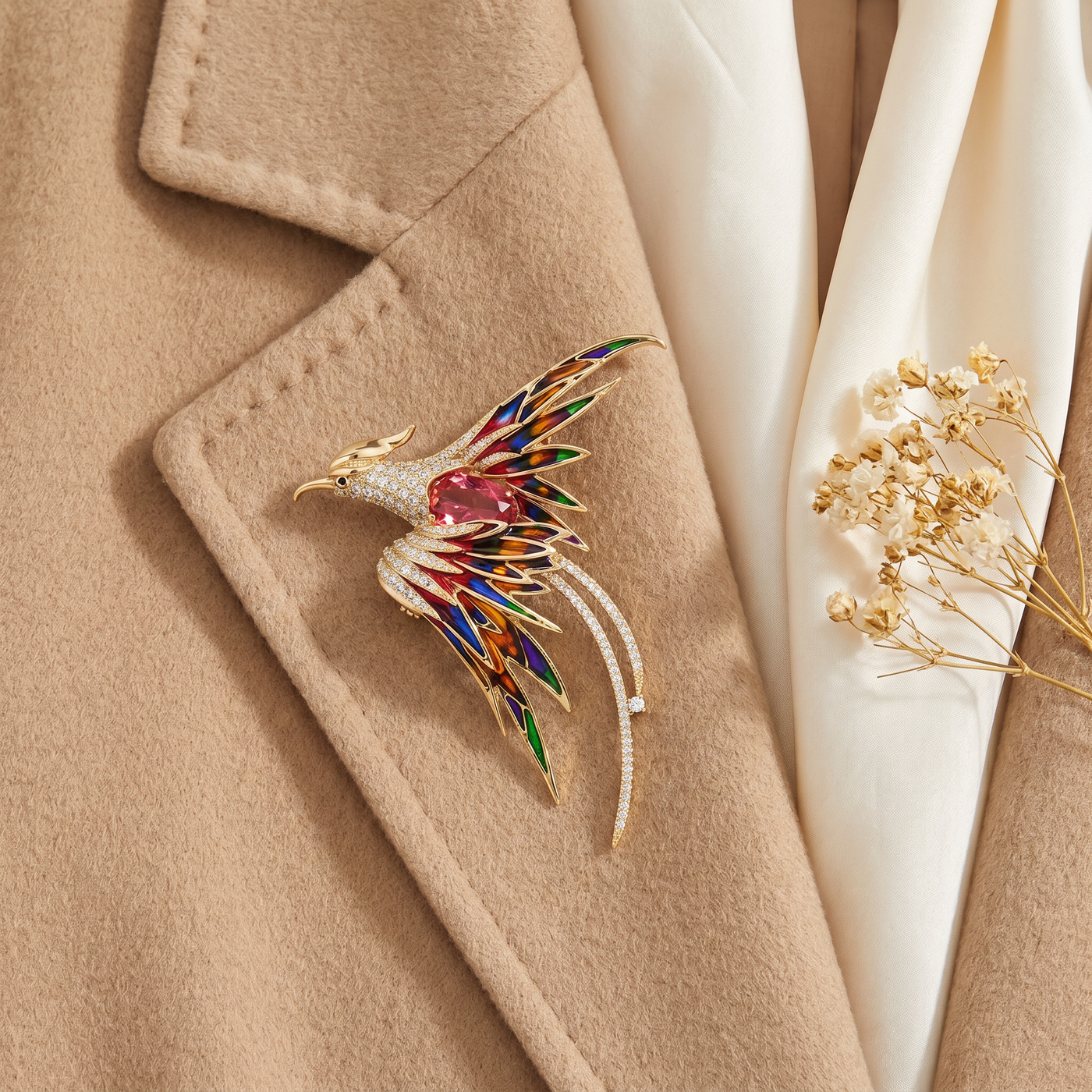 Broche Phénix en cristal, bijou vintage Alyvoa en situation · Multicolore