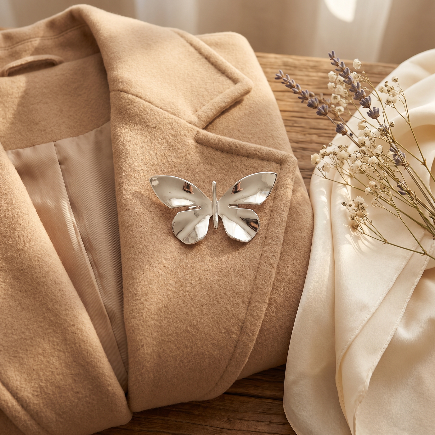 Broche Papillon en acier, bijou vintage Alyvoa tenue à la main · Argenté