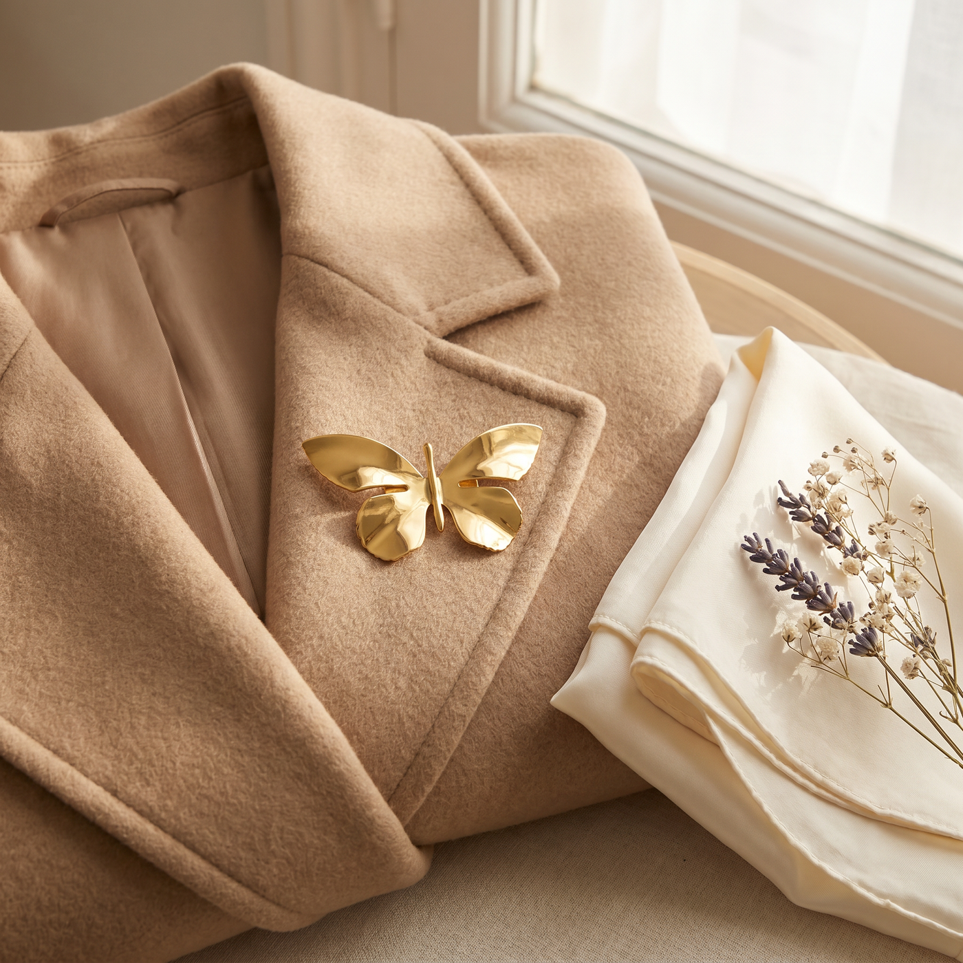 Broche Papillon en acier, bijou vintage Alyvoa en situation · Doré
