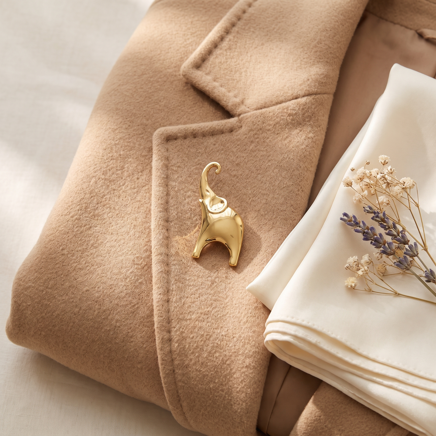 Broche Éléphant en acier, bijou vintage Alyvoa tenue à la main · Doré