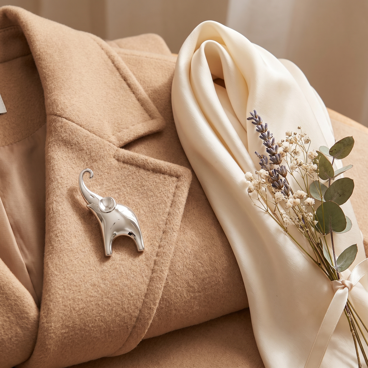 Broche Éléphant en acier, bijou vintage Alyvoa en situation · Argenté