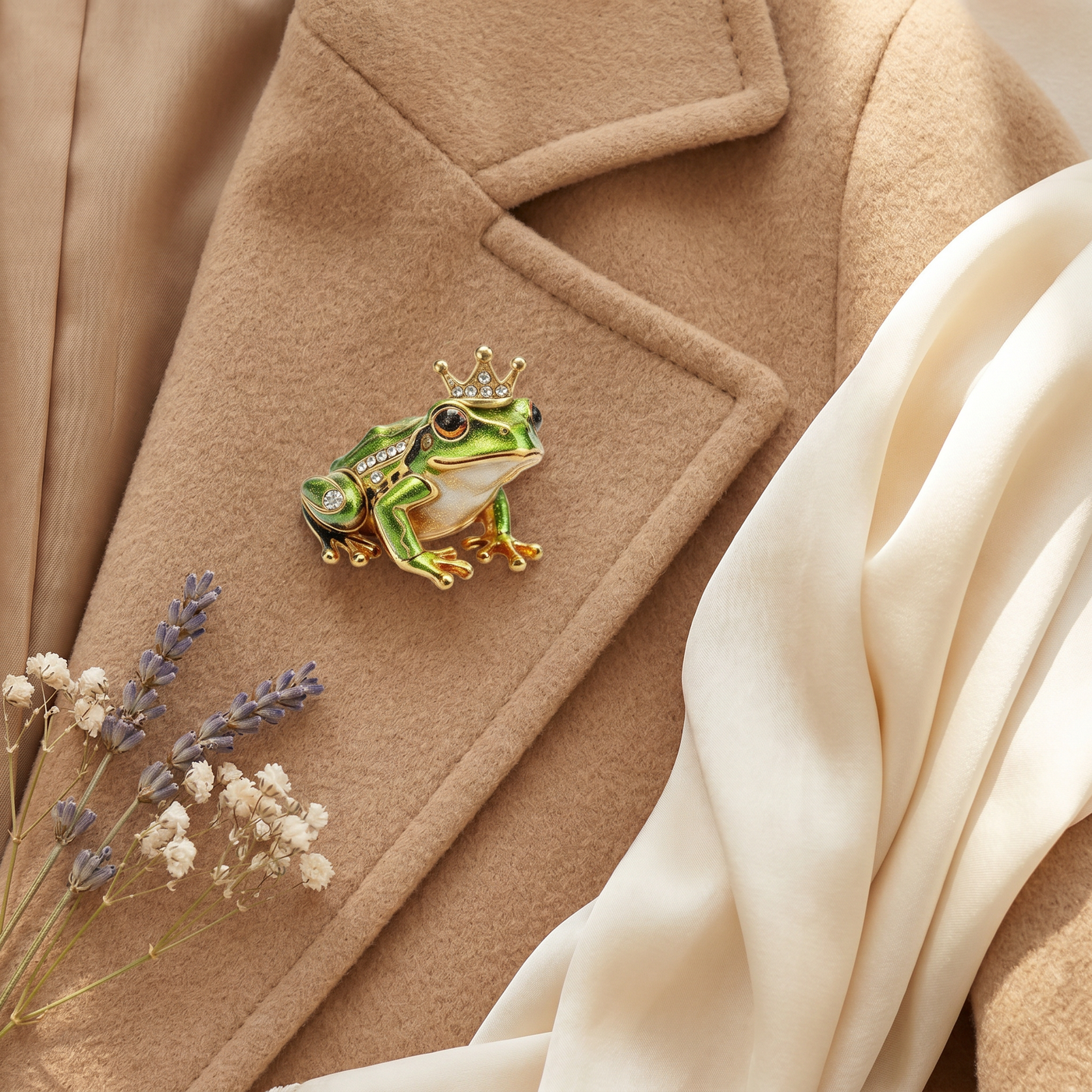 Broche Grenouille en cristal, bijou vintage Alyvoa portée sur un revers · Vert