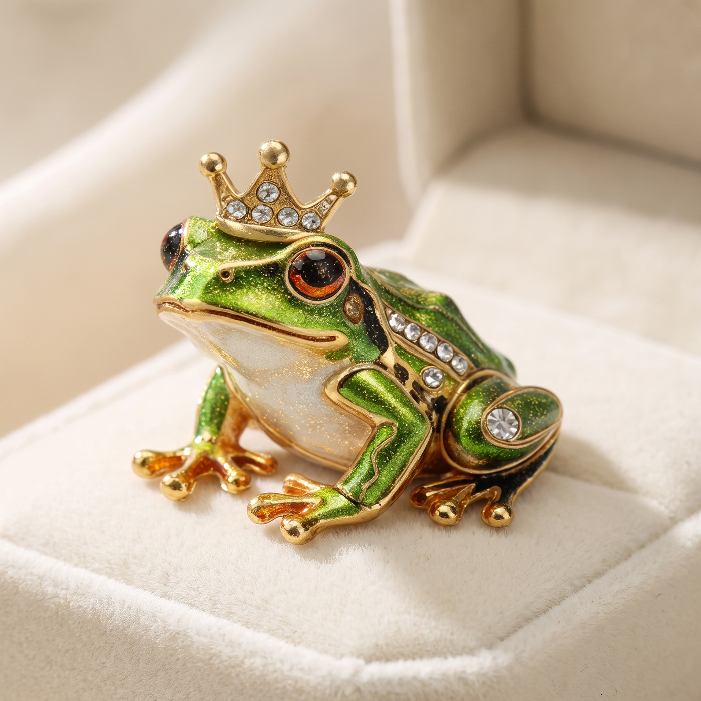 Broche Grenouille en cristal, bijou vintage Alyvoa portée sur un revers · Vert