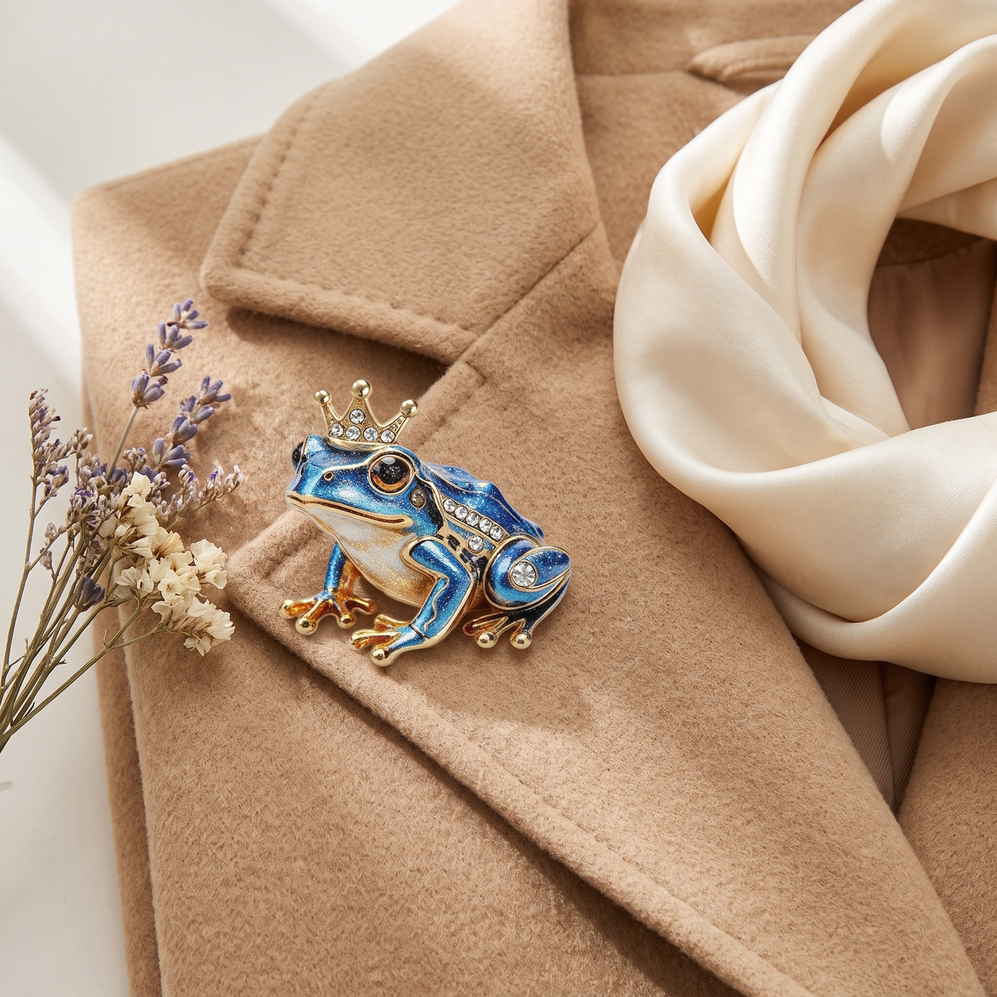 Broche Grenouille en cristal, bijou vintage Alyvoa présentée sur un coussin · Bleu